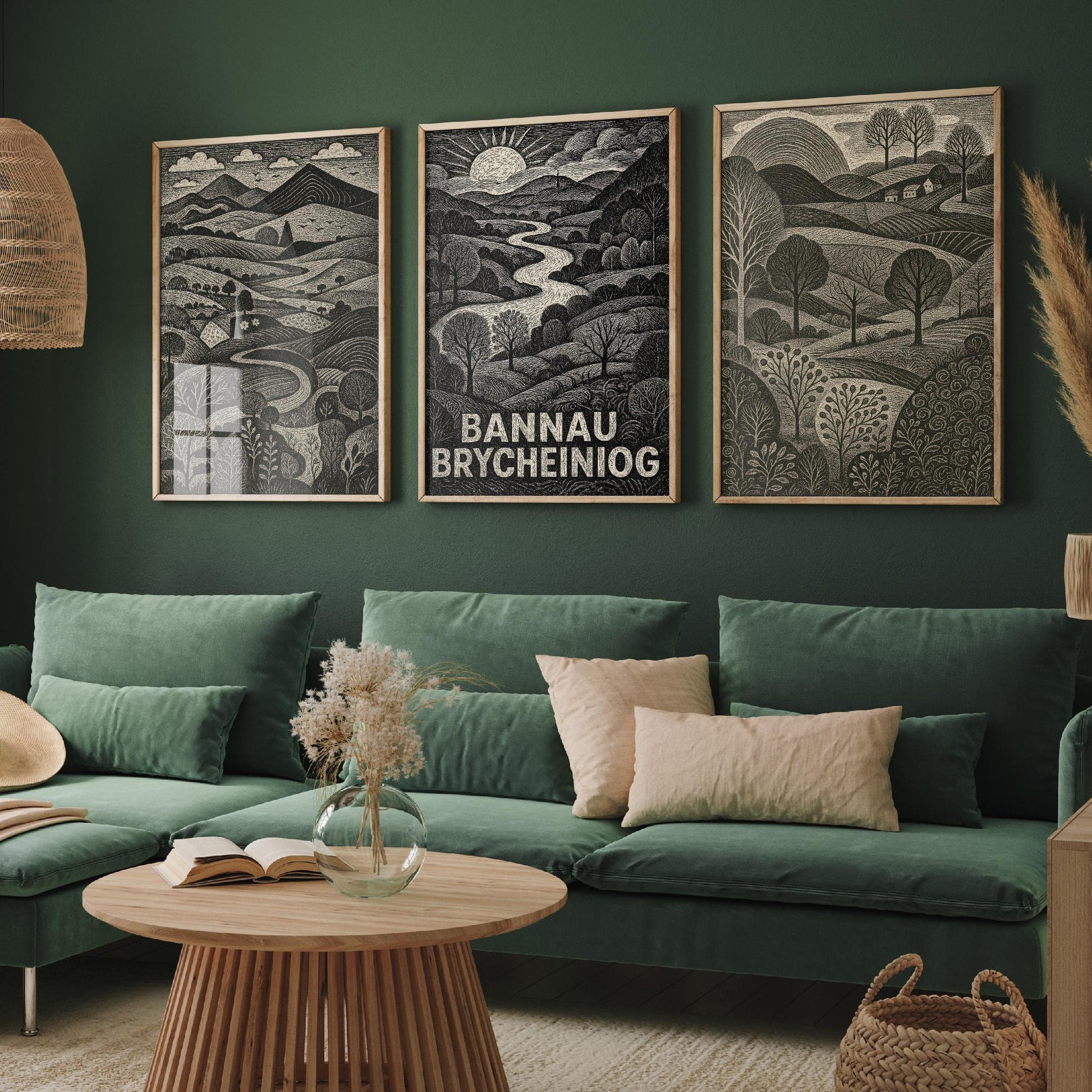 Bannau Brycheiniog Set of Three Art Prints - Black and White Welsh Woodcut Posters - Brecon Beacons Landscape Wall Decor