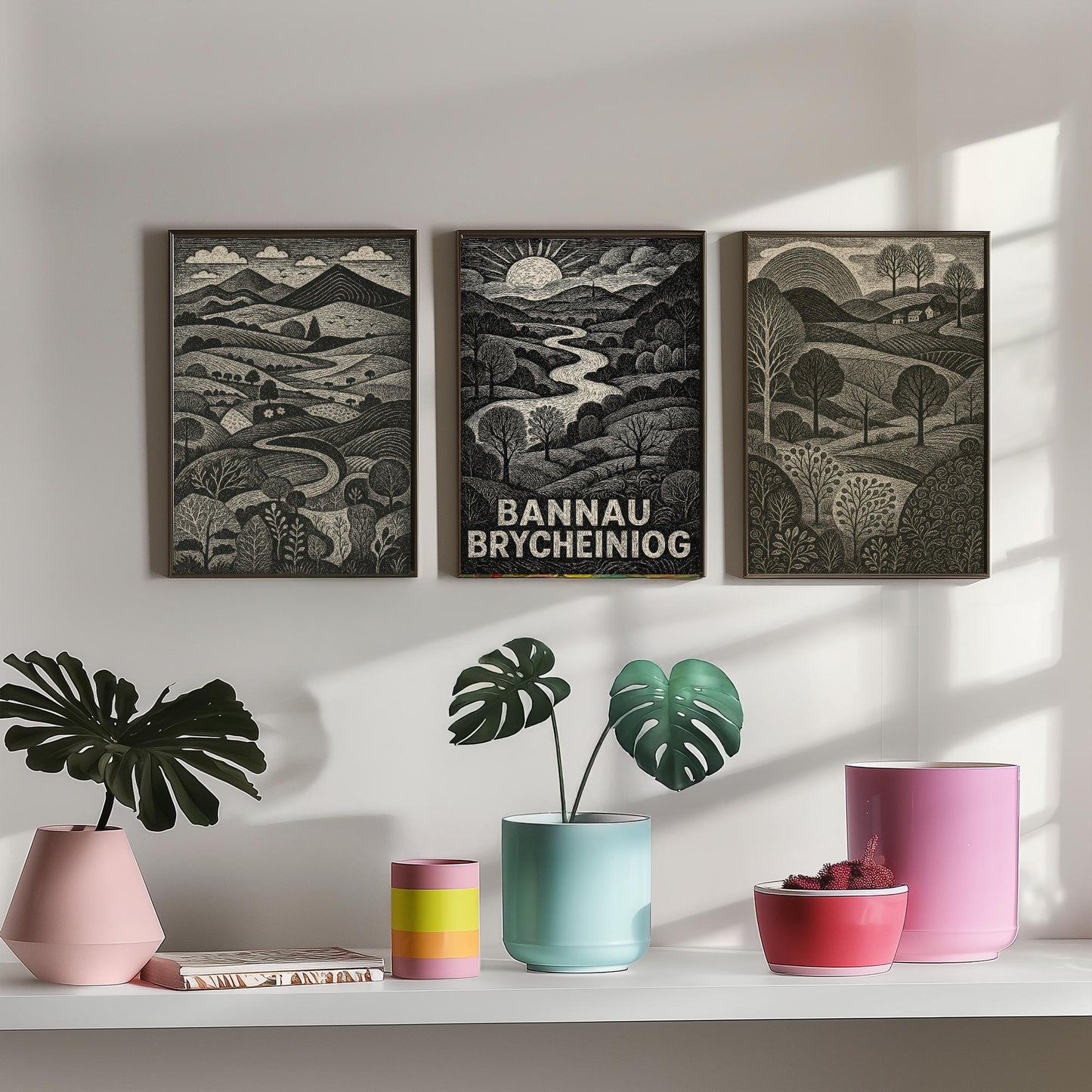 Bannau Brycheiniog Set of Three Art Prints - Black and White Welsh Woodcut Posters - Brecon Beacons Landscape Wall Decor