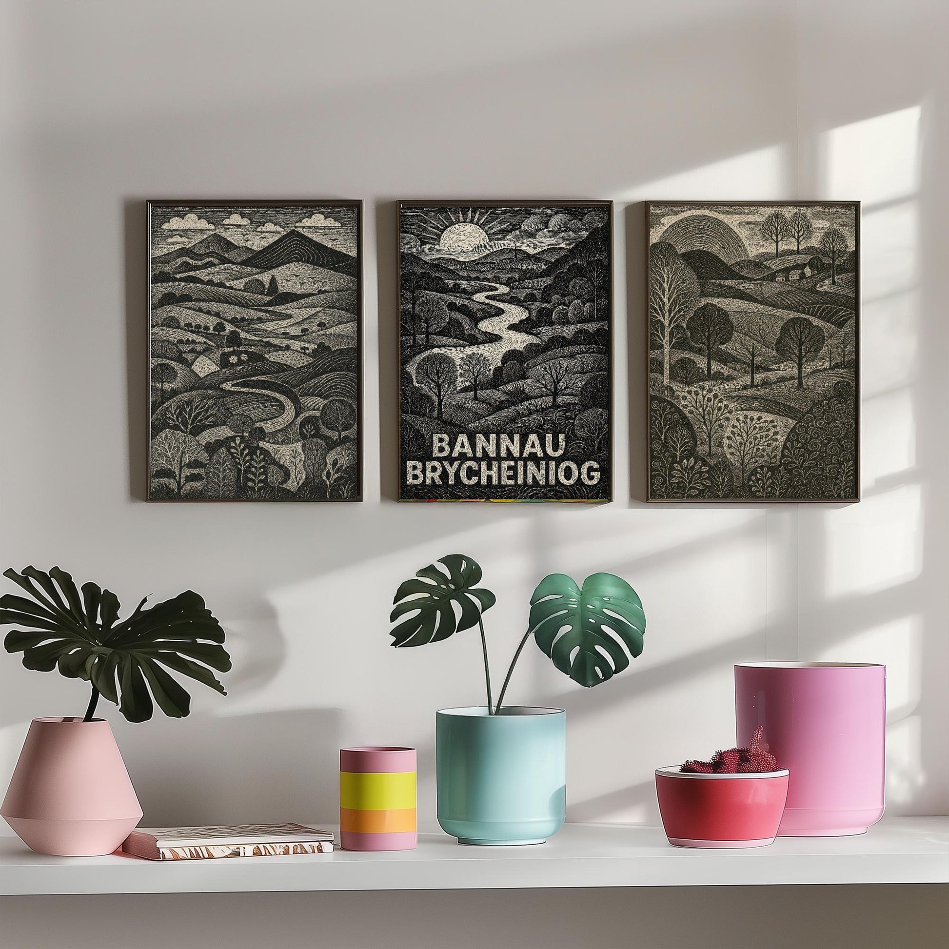 Bannau Brycheiniog Set of Three Art Prints - Black and White Welsh Woodcut Posters - Brecon Beacons Landscape Wall Decor