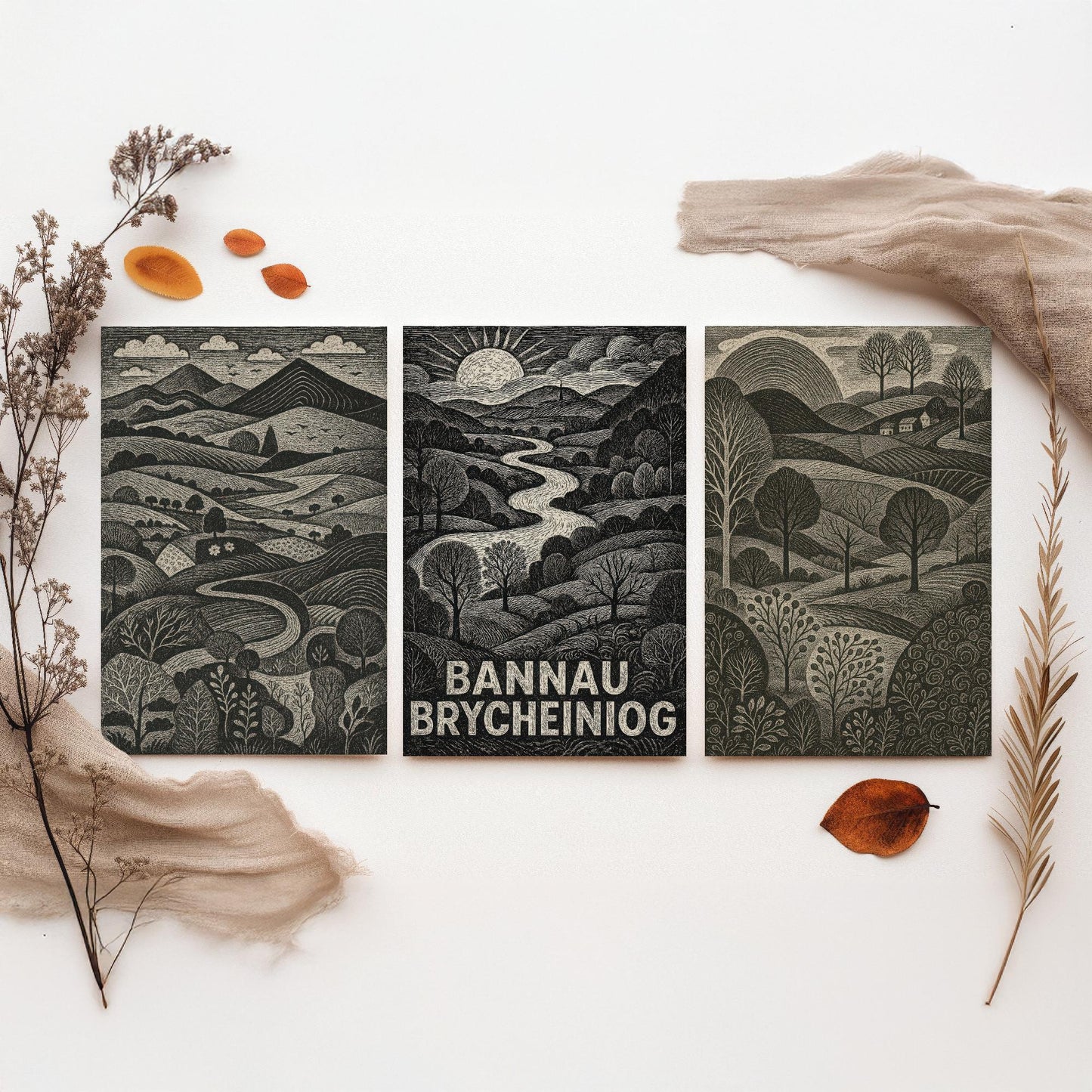 Bannau Brycheiniog Set of Three Art Prints - Black and White Welsh Woodcut Posters - Brecon Beacons Landscape Wall Decor