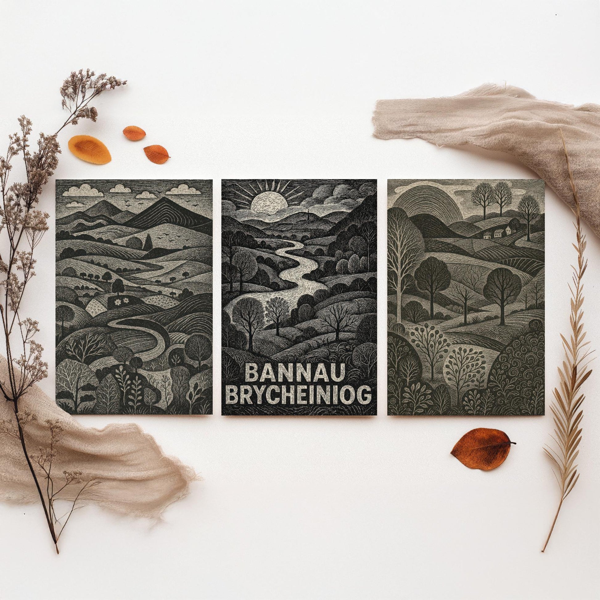 Bannau Brycheiniog Set of Three Art Prints - Black and White Welsh Woodcut Posters - Brecon Beacons Landscape Wall Decor