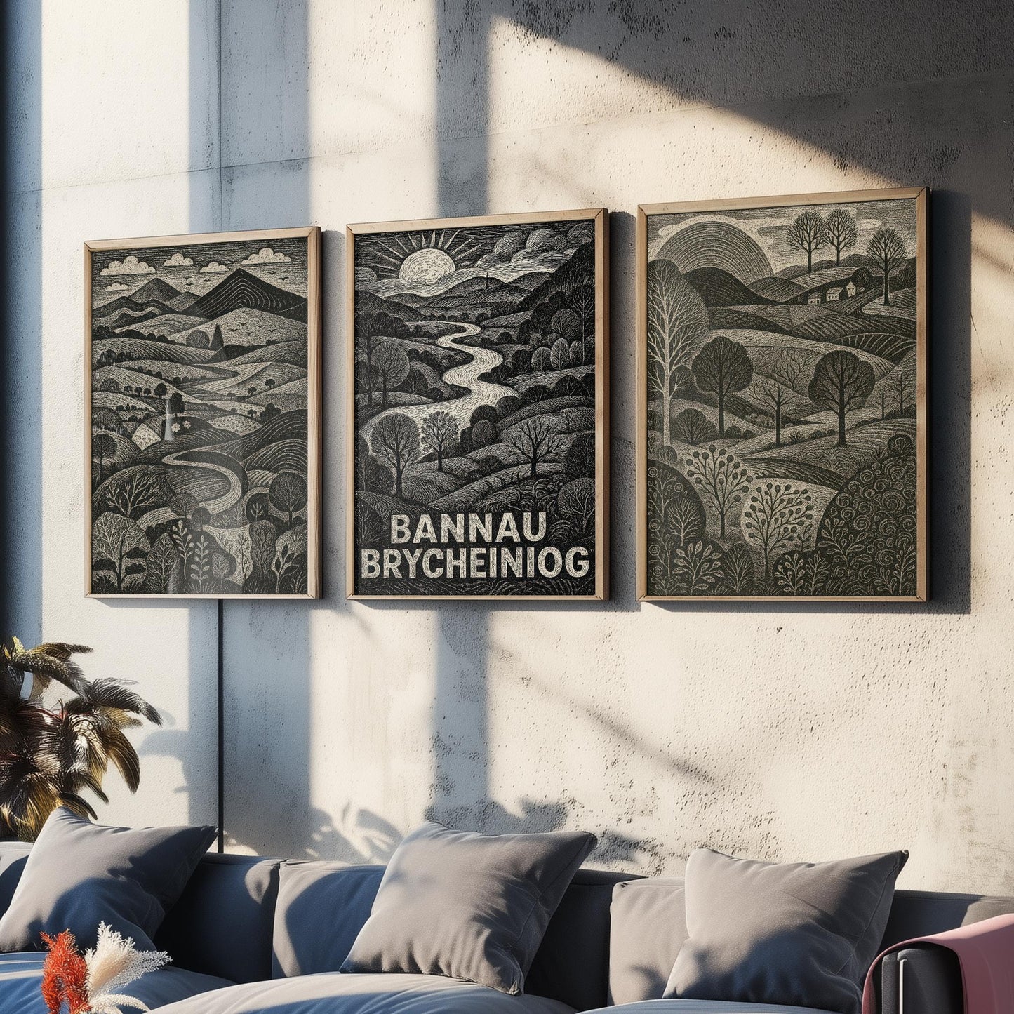 Bannau Brycheiniog Set of Three Art Prints - Black and White Welsh Woodcut Posters - Brecon Beacons Landscape Wall Decor