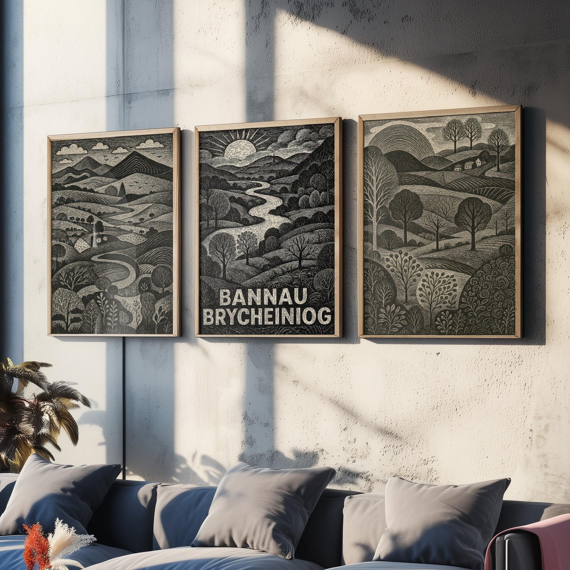 Bannau Brycheiniog Set of Three Art Prints - Black and White Welsh Woodcut Posters - Brecon Beacons Landscape Wall Decor