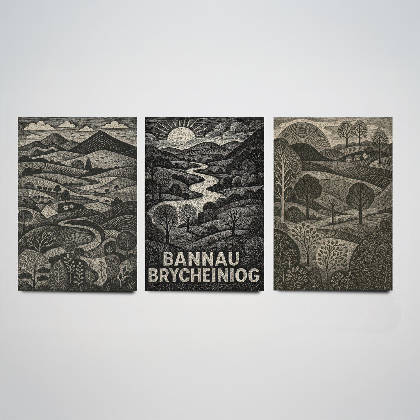 Bannau Brycheiniog Set of Three Art Prints - Black and White Welsh Woodcut Posters - Brecon Beacons Landscape Wall Decor