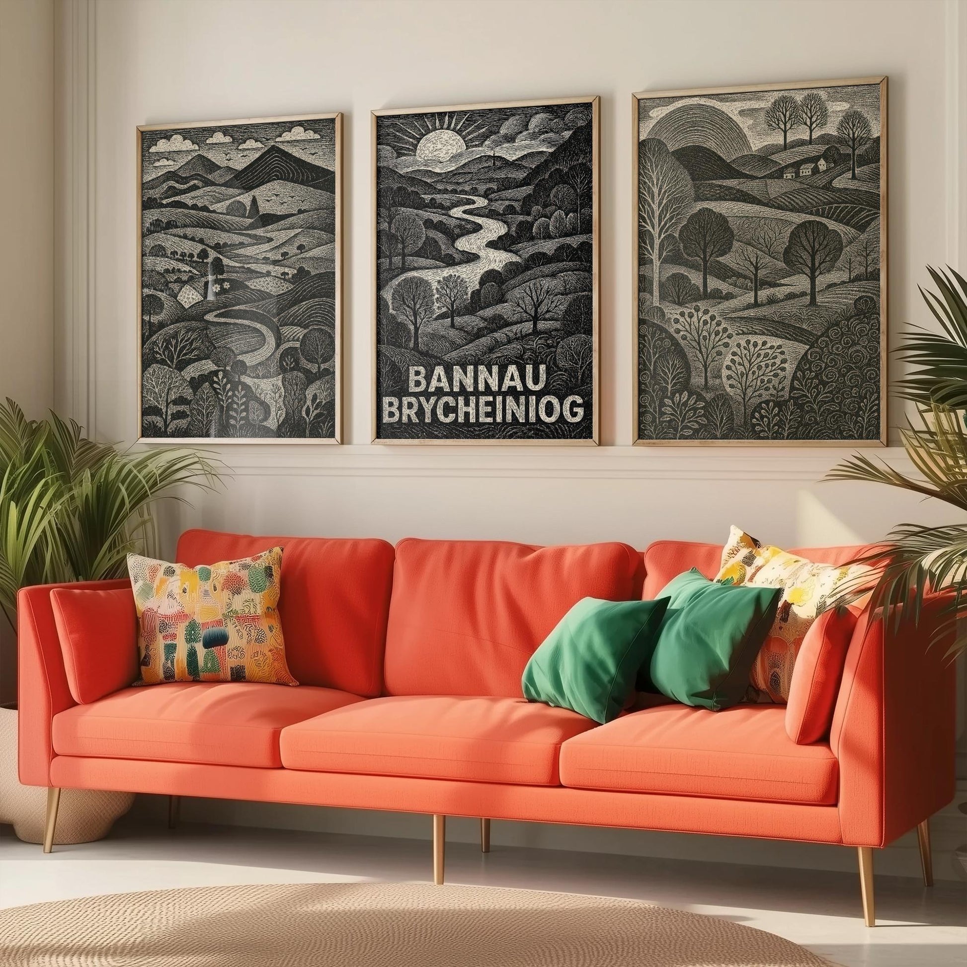 Bannau Brycheiniog Set of Three Art Prints - Black and White Welsh Woodcut Posters - Brecon Beacons Landscape Wall Decor