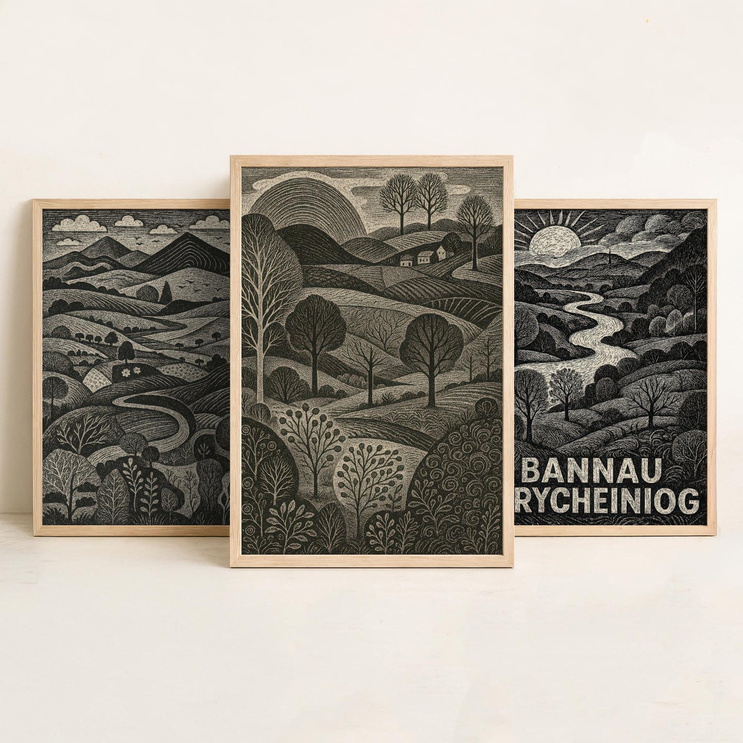 Bannau Brycheiniog Set of Three Art Prints - Black and White Welsh Woodcut Posters - Brecon Beacons Landscape Wall Decor