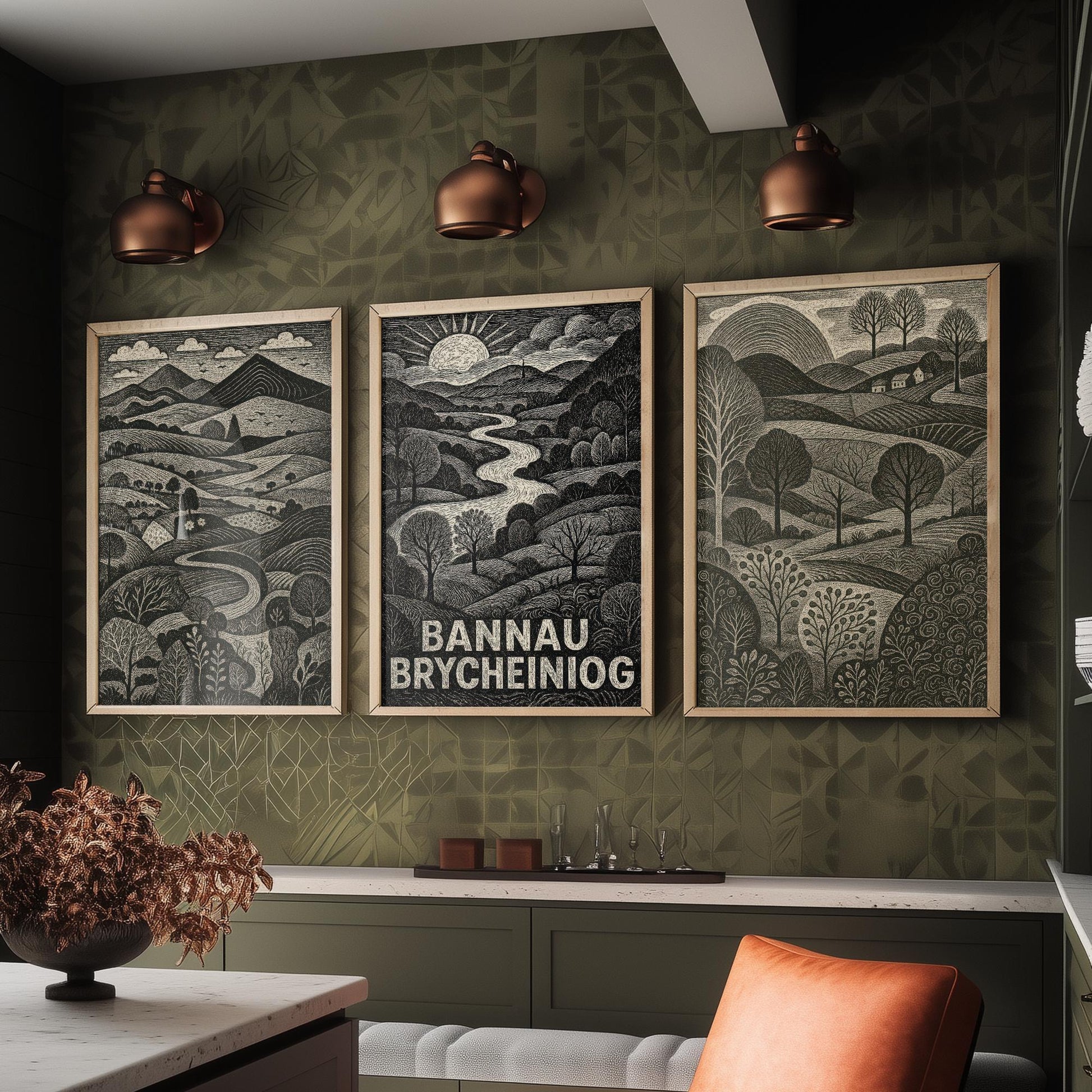 Bannau Brycheiniog Set of Three Art Prints - Black and White Welsh Woodcut Posters - Brecon Beacons Landscape Wall Decor