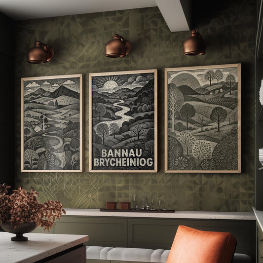 Bannau Brycheiniog Set of Three Art Prints - Black and White Welsh Woodcut Posters - Brecon Beacons Landscape Wall Decor