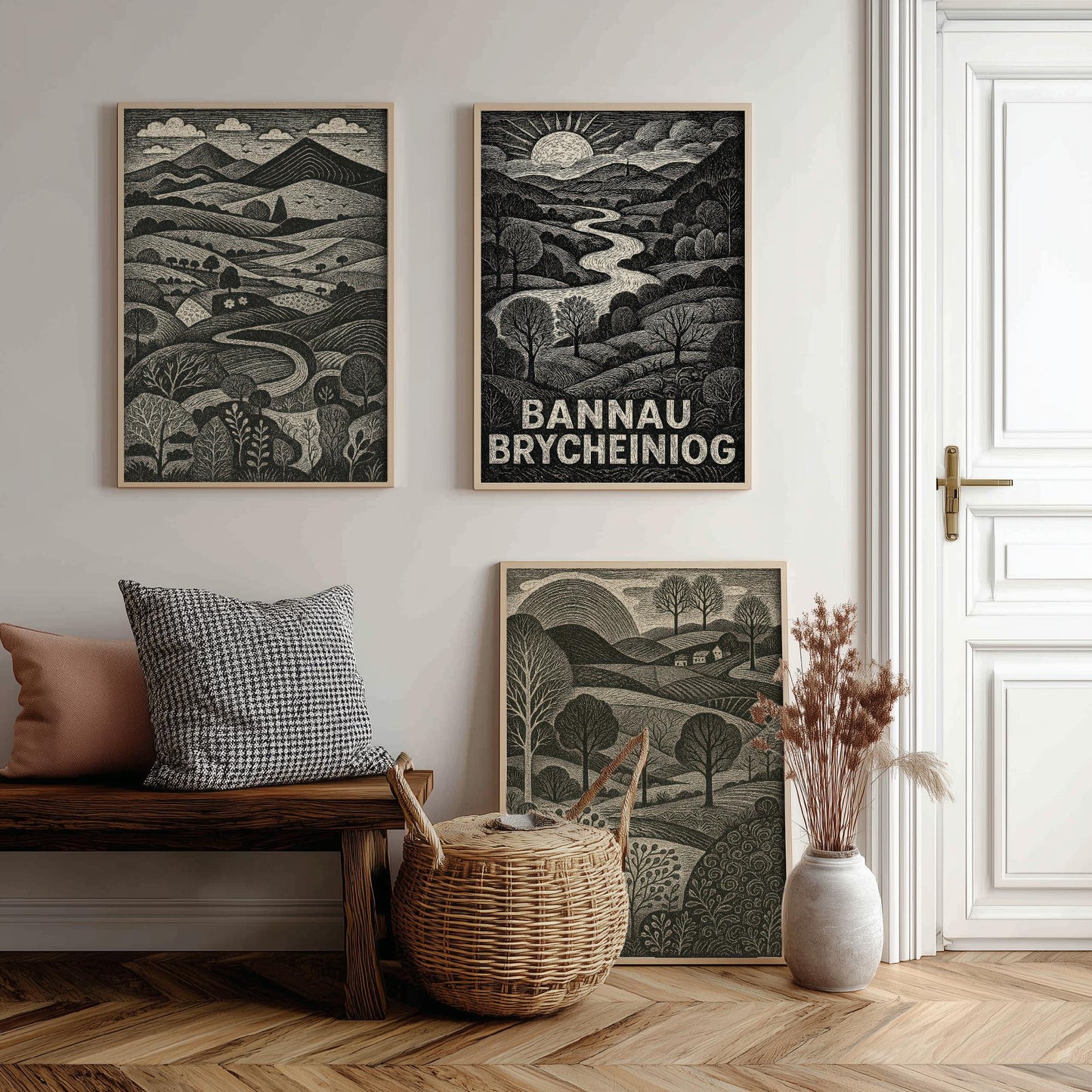 Bannau Brycheiniog Set of Three Art Prints - Black and White Welsh Woodcut Posters - Brecon Beacons Landscape Wall Decor