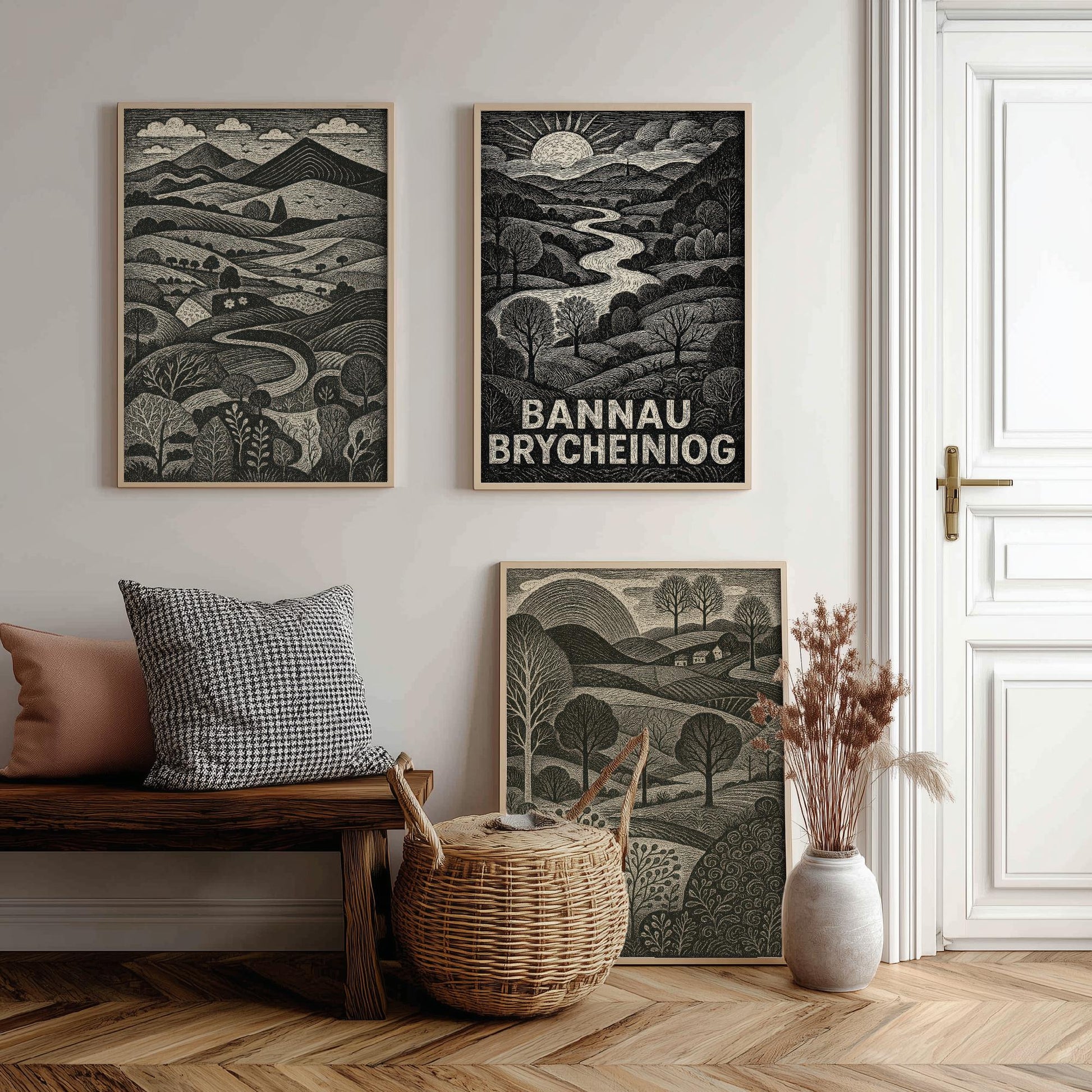 Bannau Brycheiniog Set of Three Art Prints - Black and White Welsh Woodcut Posters - Brecon Beacons Landscape Wall Decor