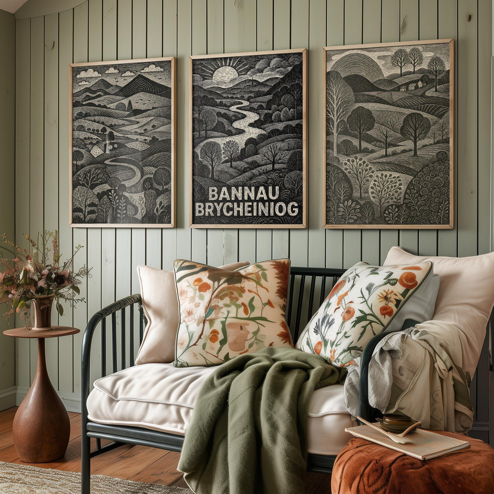 Bannau Brycheiniog Set of Three Art Prints - Black and White Welsh Woodcut Posters - Brecon Beacons Landscape Wall Decor