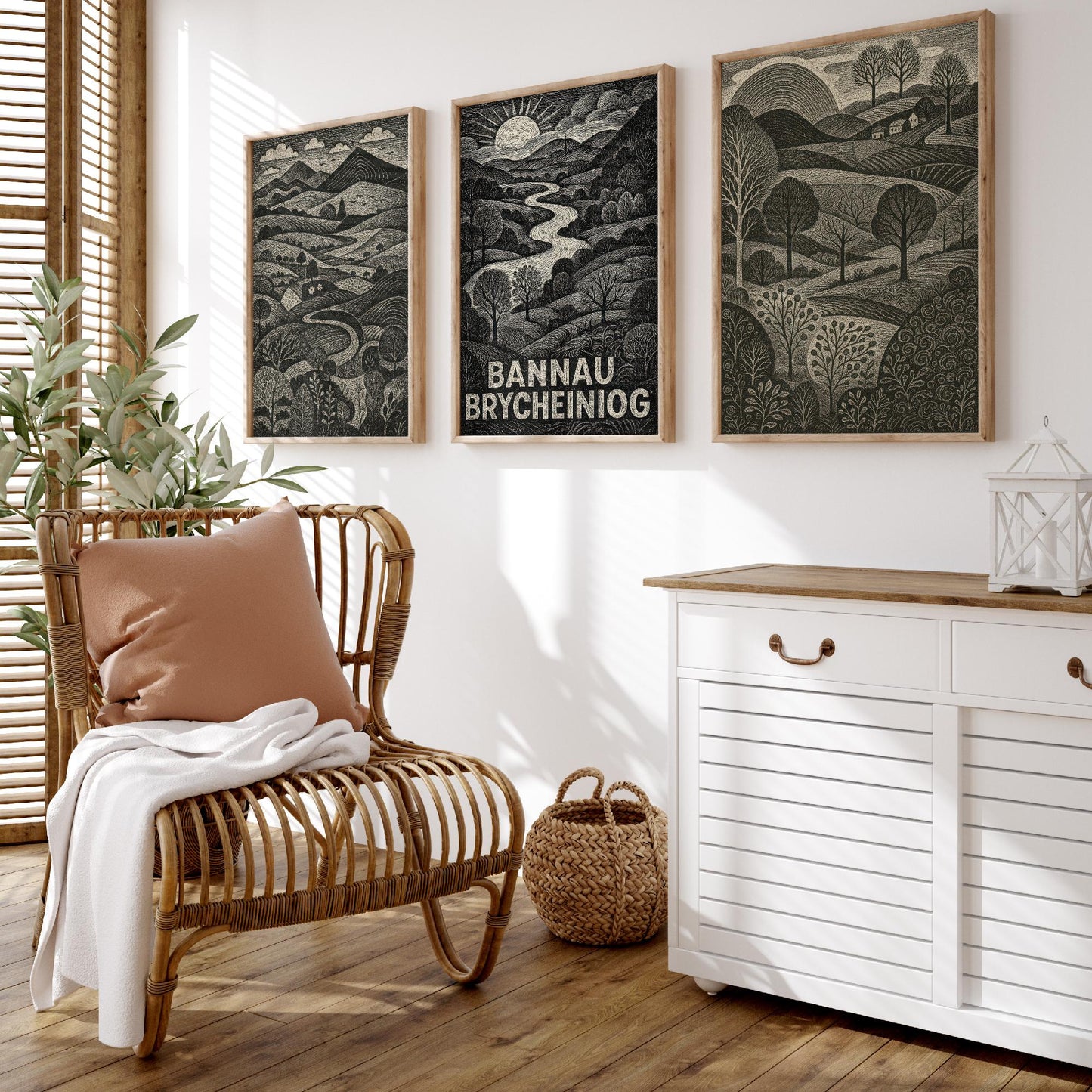 Bannau Brycheiniog Set of Three Art Prints - Black and White Welsh Woodcut Posters - Brecon Beacons Landscape Wall Decor