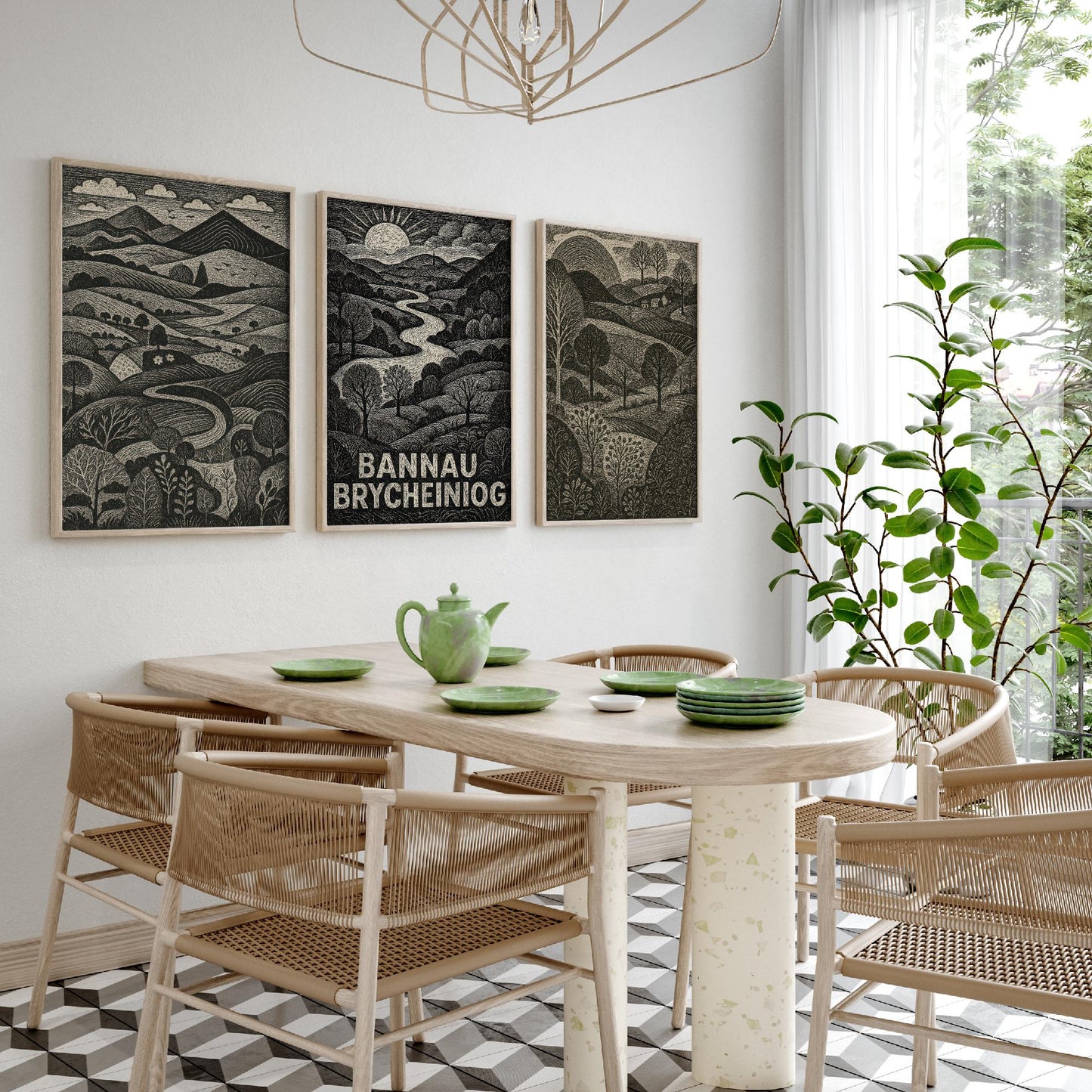 Bannau Brycheiniog Set of Three Art Prints - Black and White Welsh Woodcut Posters - Brecon Beacons Landscape Wall Decor