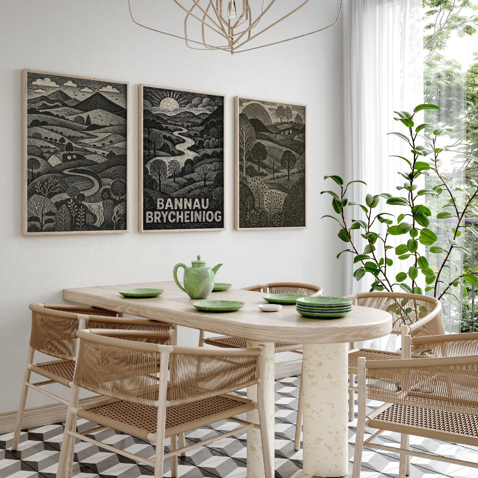 Bannau Brycheiniog Set of Three Art Prints - Black and White Welsh Woodcut Posters - Brecon Beacons Landscape Wall Decor