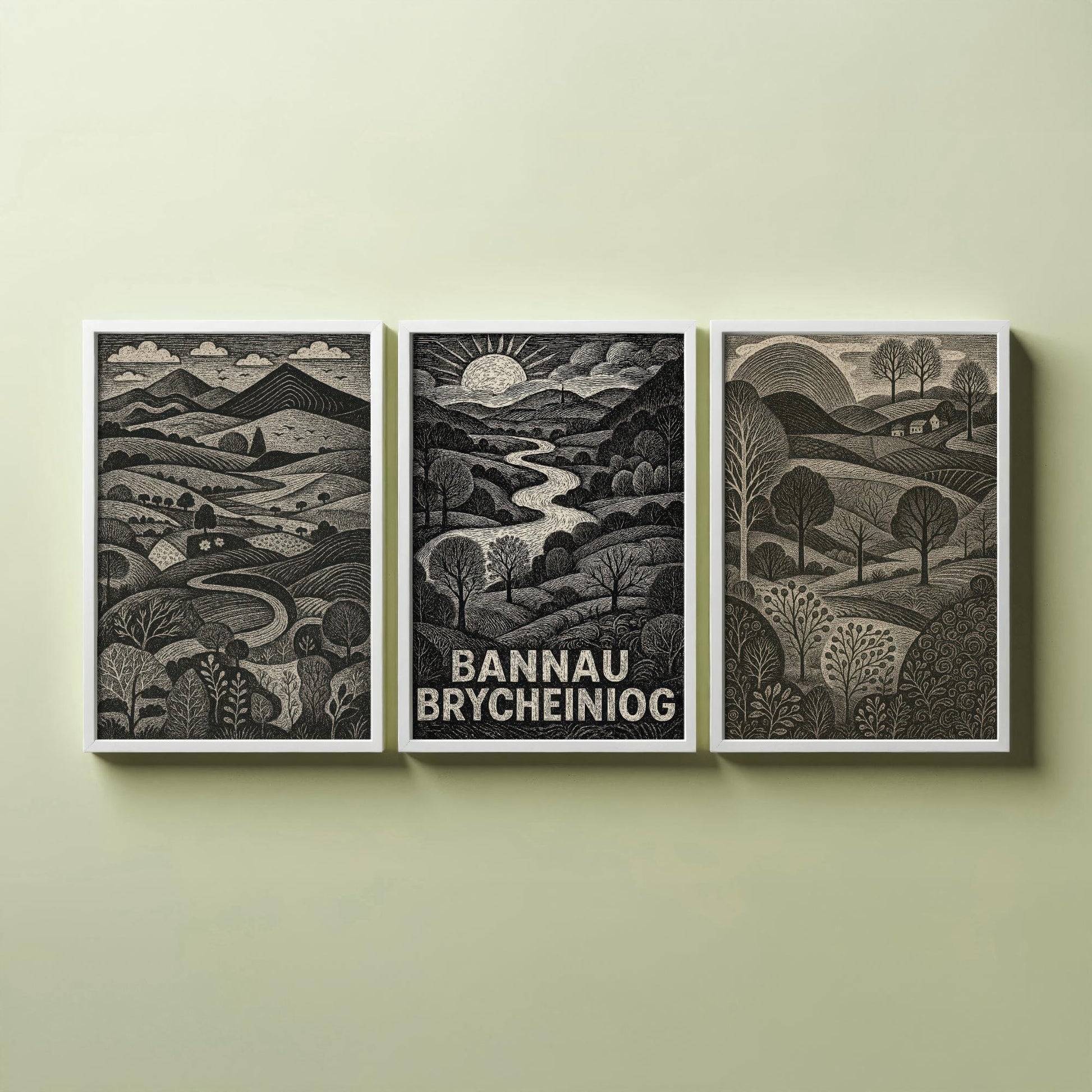 Bannau Brycheiniog Set of Three Art Prints - Black and White Welsh Woodcut Posters - Brecon Beacons Landscape Wall Decor