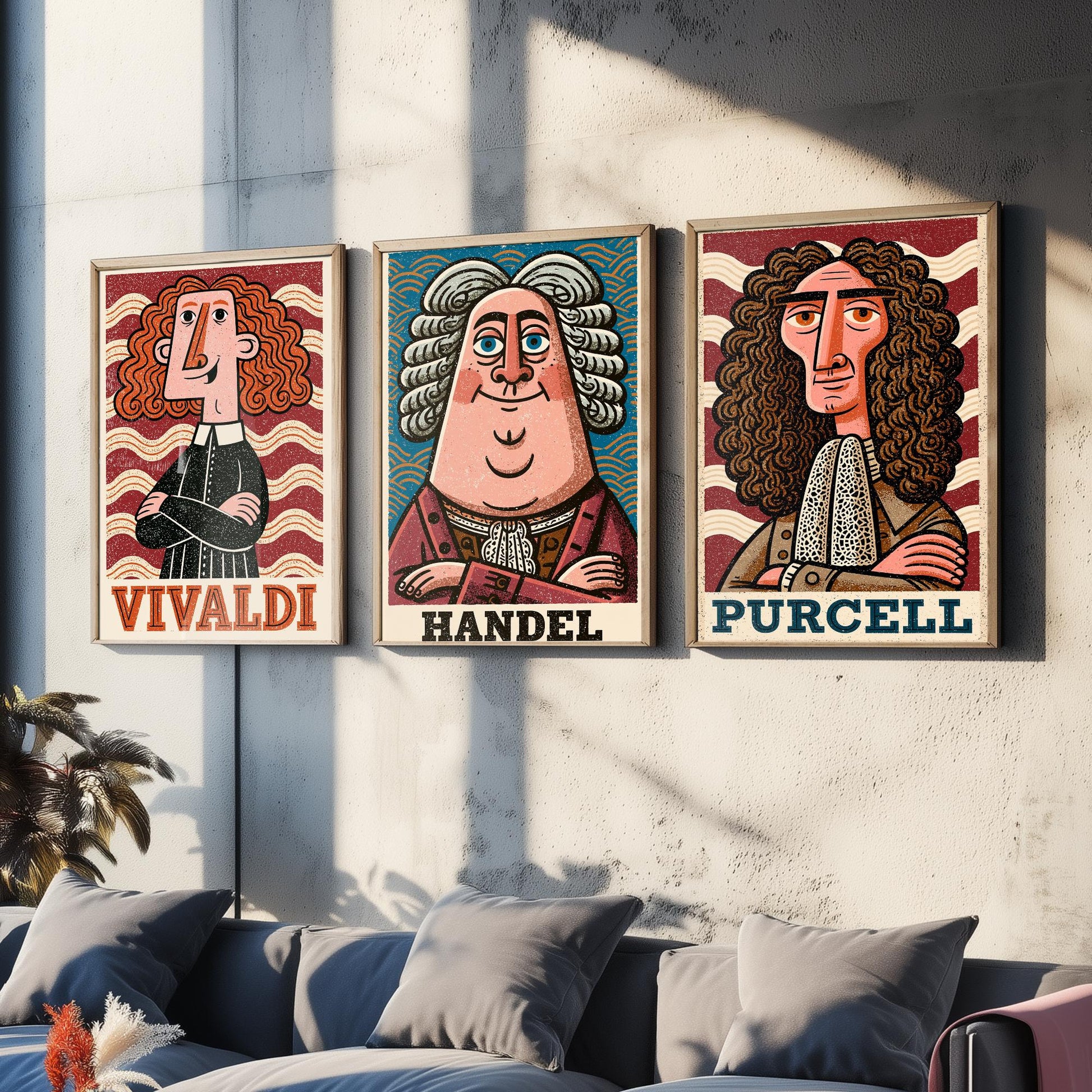 Baroque Composers Set of Three Art Prints - Vivaldi, Handel, Purcell - Classical Music Poster Wall Art Gift Illustration