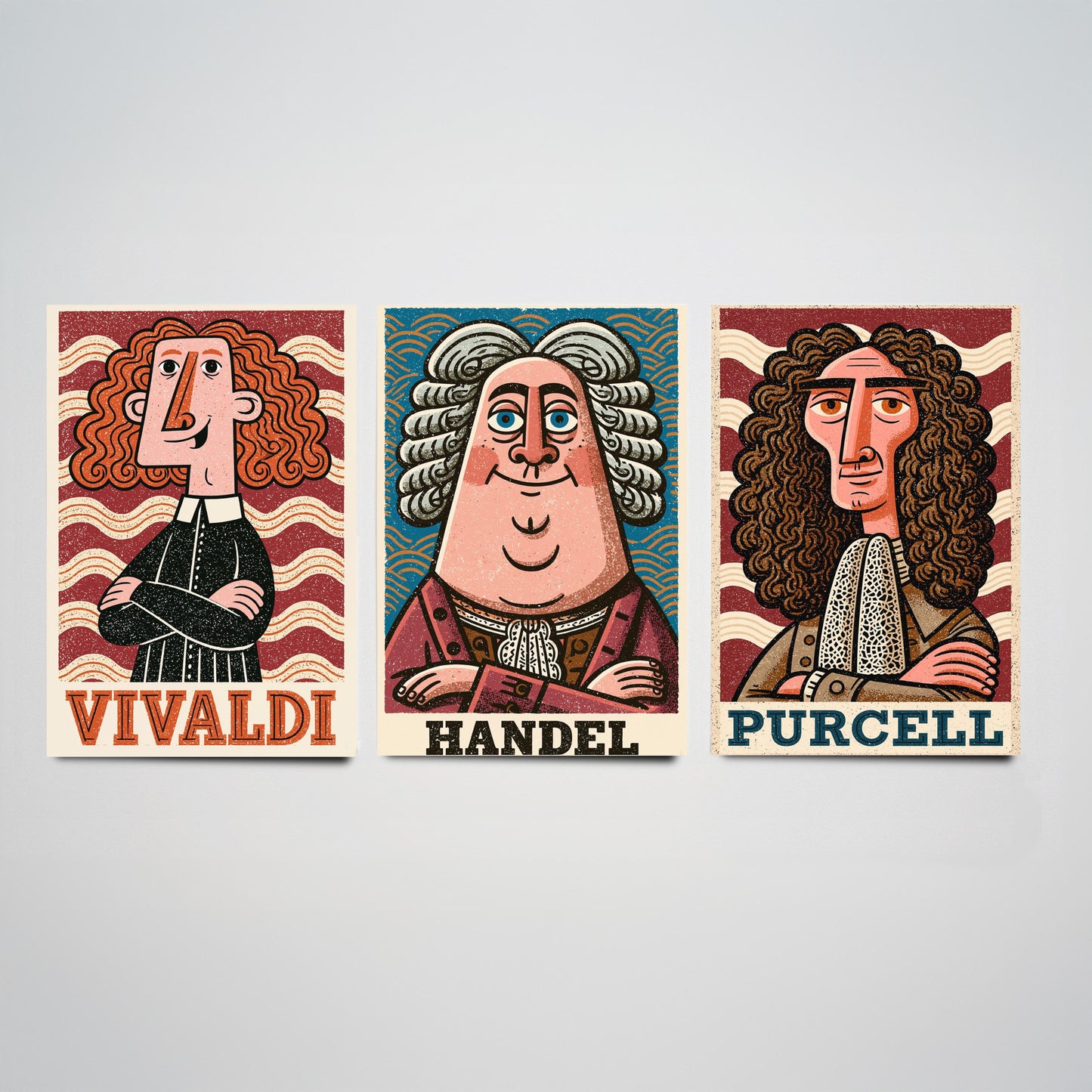 Baroque Composers Set of Three Art Prints - Vivaldi, Handel, Purcell - Classical Music Poster Wall Art Gift Illustration