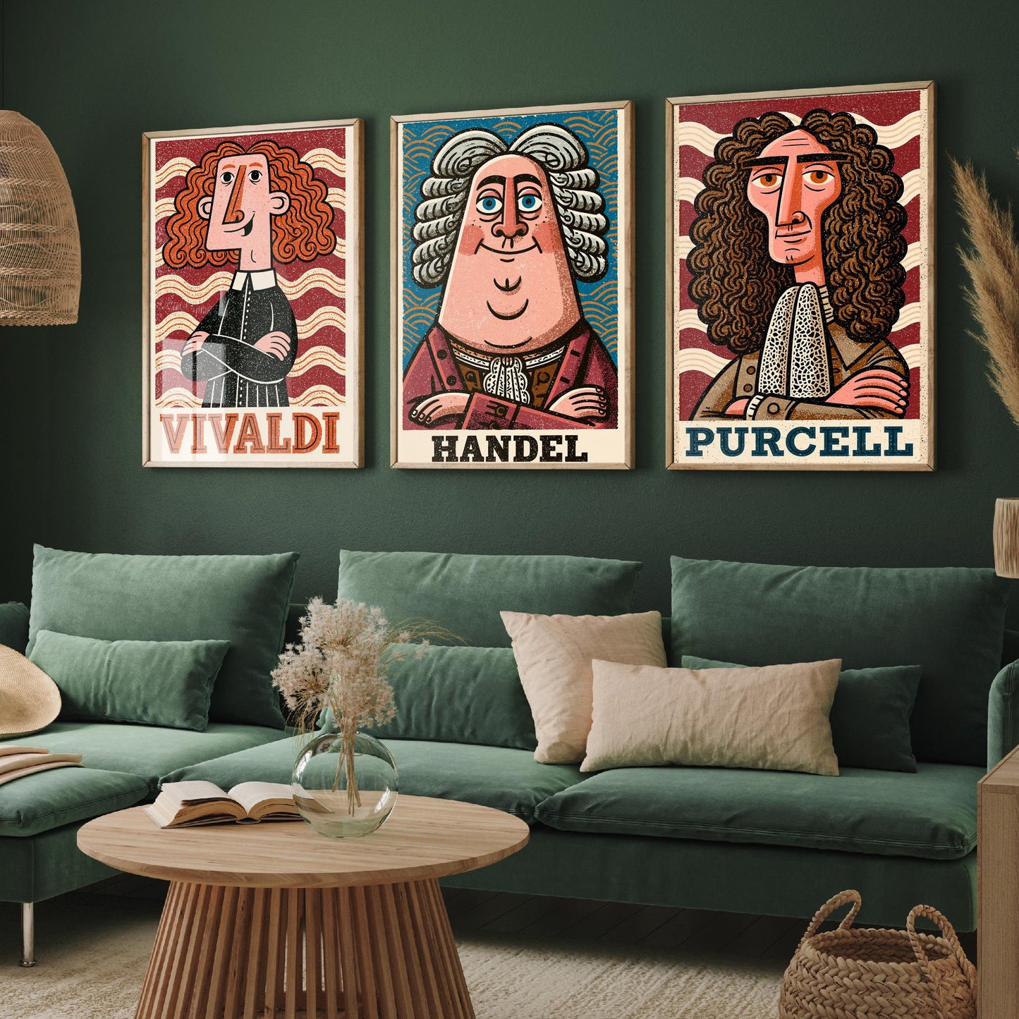 Baroque Composers Set of Three Art Prints - Vivaldi, Handel, Purcell - Classical Music Poster Wall Art Gift Illustration