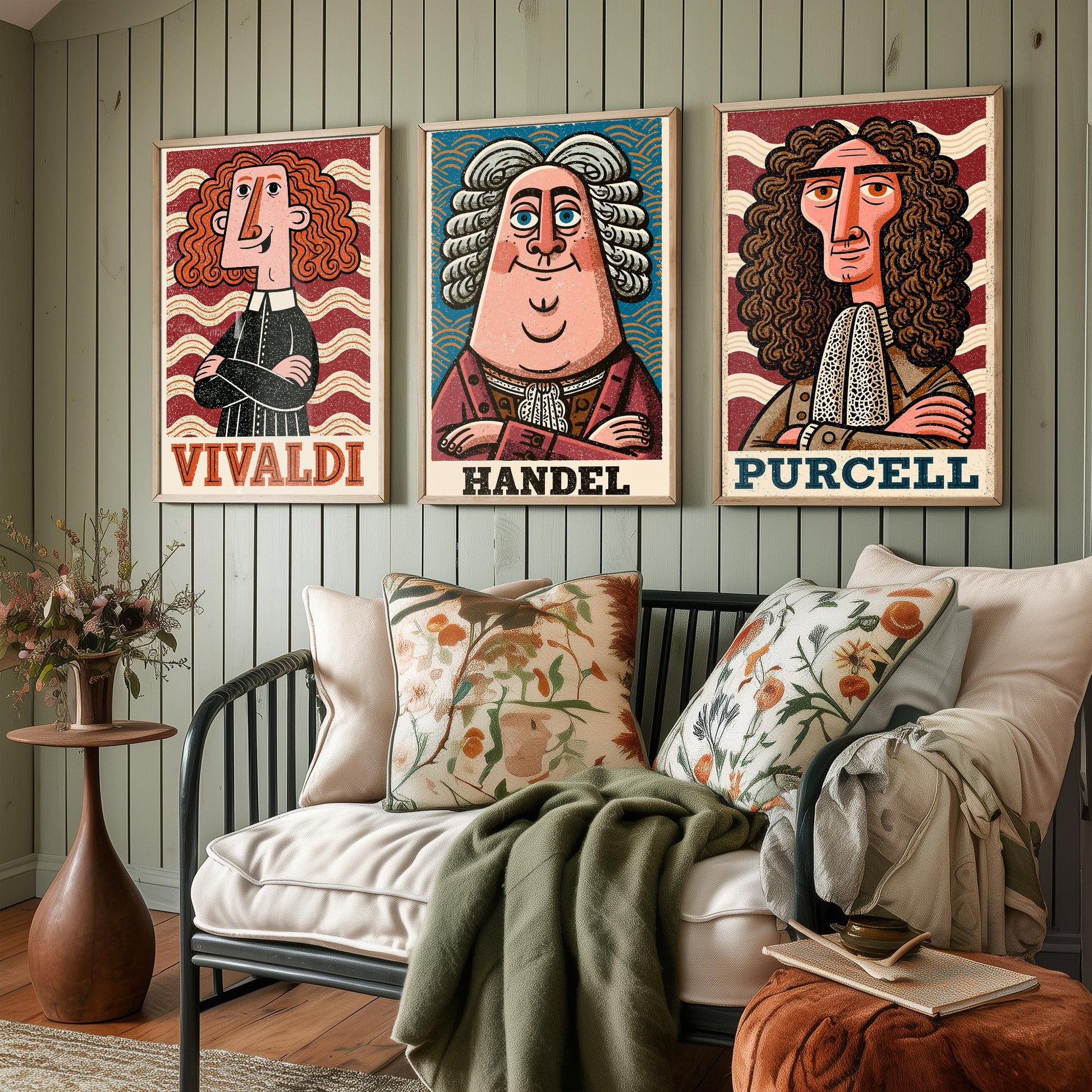 Baroque Composers Set of Three Art Prints - Vivaldi, Handel, Purcell - Classical Music Poster Wall Art Gift Illustration