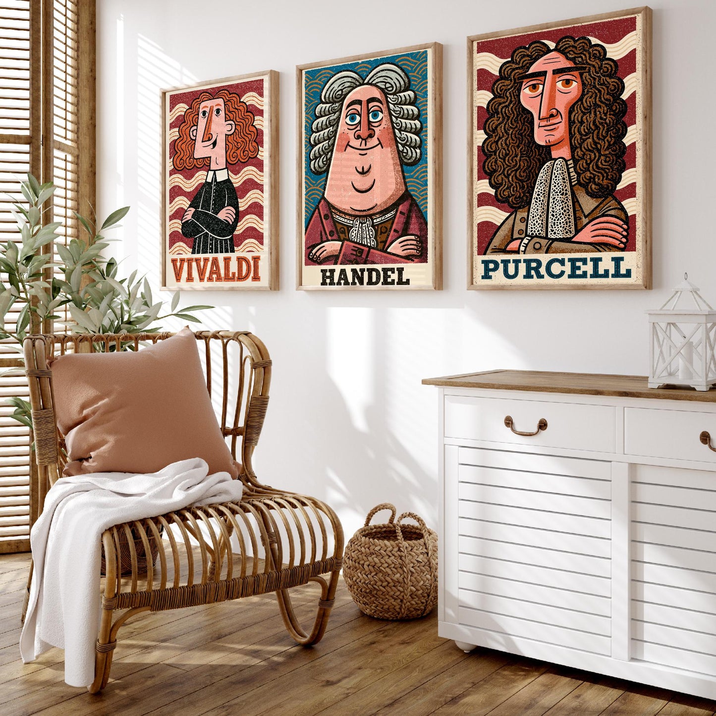 Baroque Composers Set of Three Art Prints - Vivaldi, Handel, Purcell - Classical Music Poster Wall Art Gift Illustration