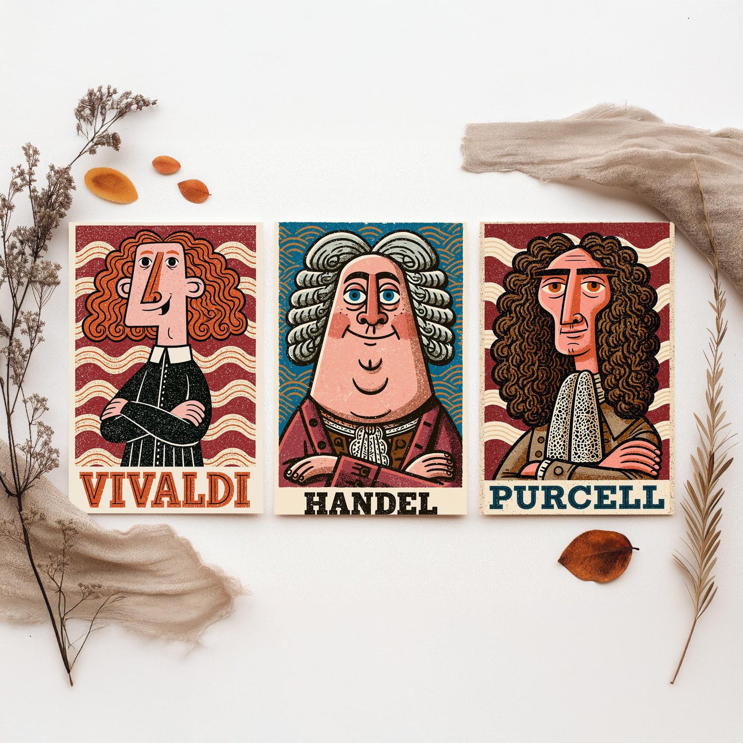 Baroque Composers Set of Three Art Prints - Vivaldi, Handel, Purcell - Classical Music Poster Wall Art Gift Illustration