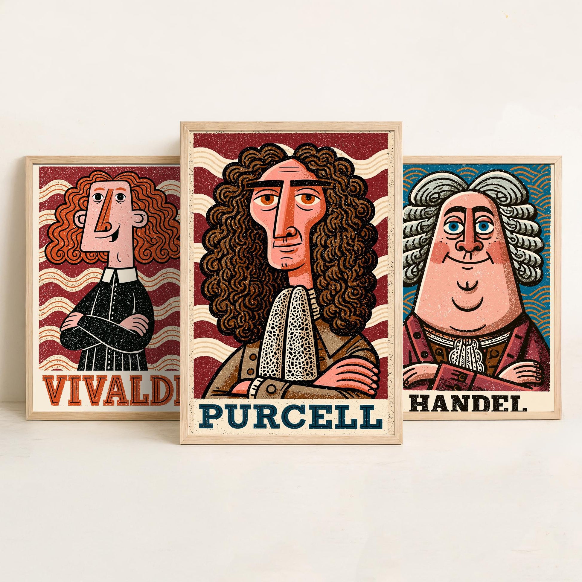 Baroque Composers Set of Three Art Prints - Vivaldi, Handel, Purcell - Classical Music Poster Wall Art Gift Illustration