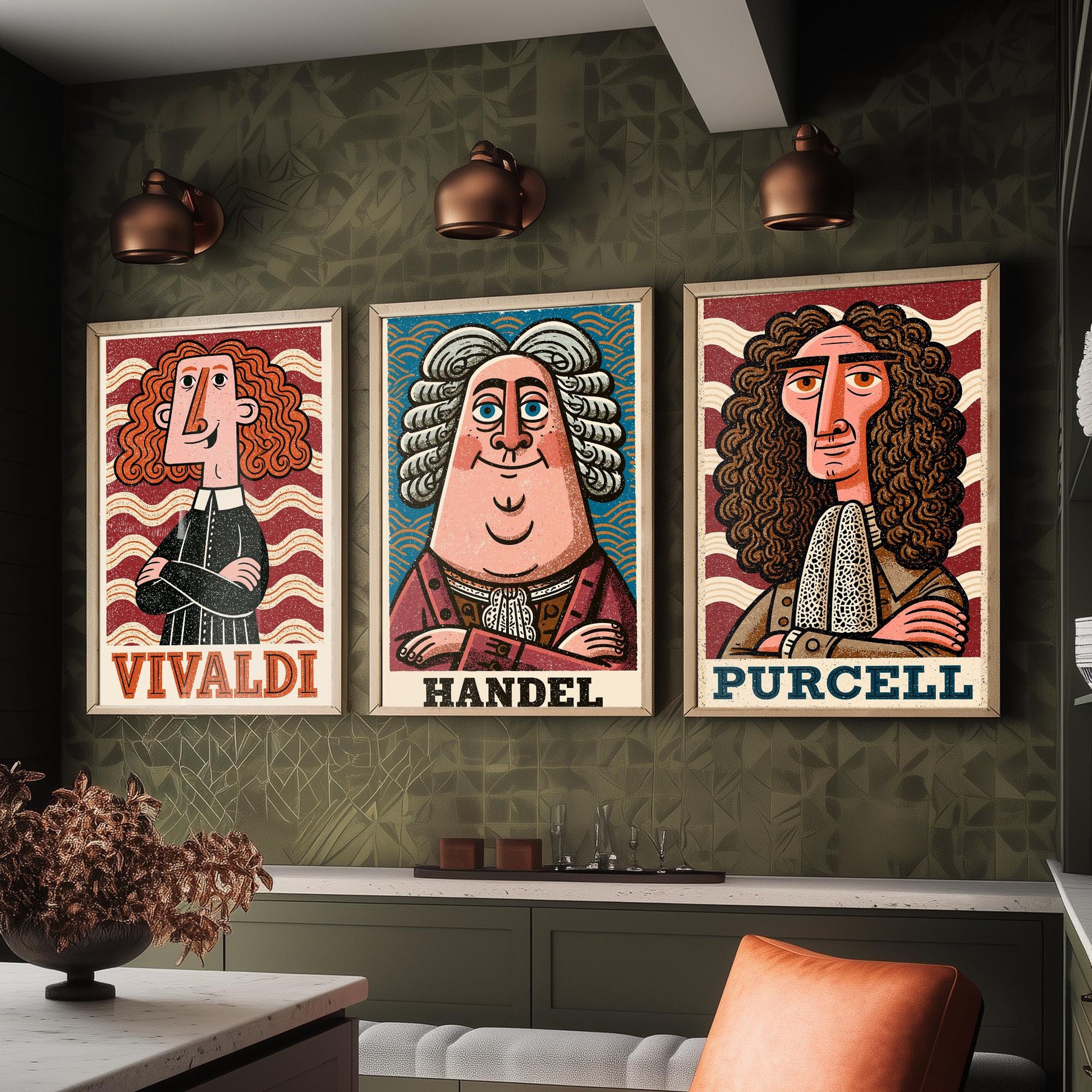Baroque Composers Set of Three Art Prints - Vivaldi, Handel, Purcell - Classical Music Poster Wall Art Gift Illustration