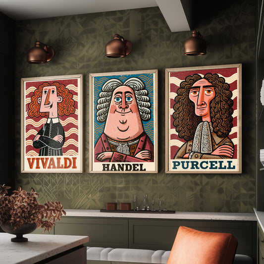 Baroque Composers Set of Three Art Prints - Vivaldi, Handel, Purcell - Classical Music Poster Wall Art Gift Illustration