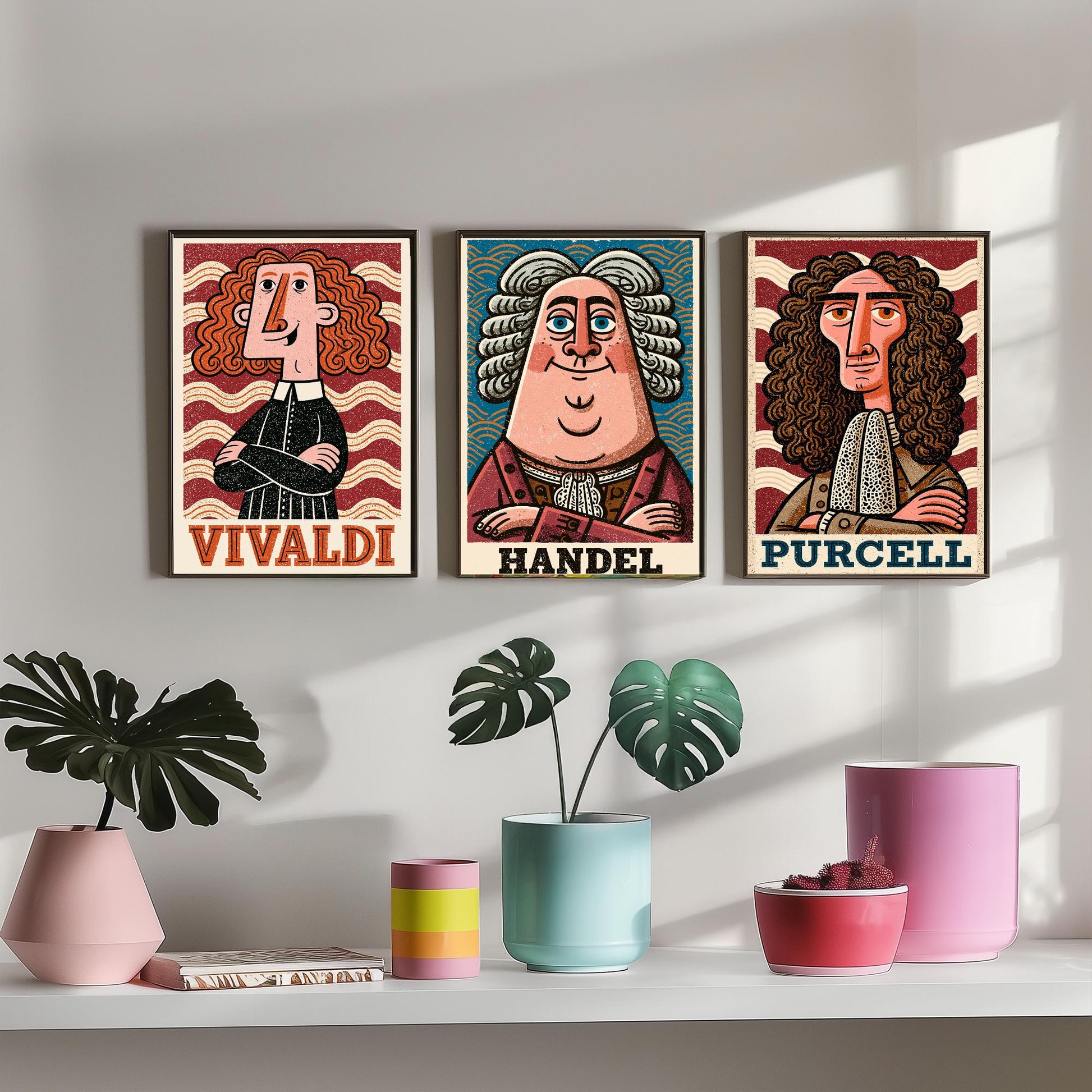 Baroque Composers Set of Three Art Prints - Vivaldi, Handel, Purcell - Classical Music Poster Wall Art Gift Illustration