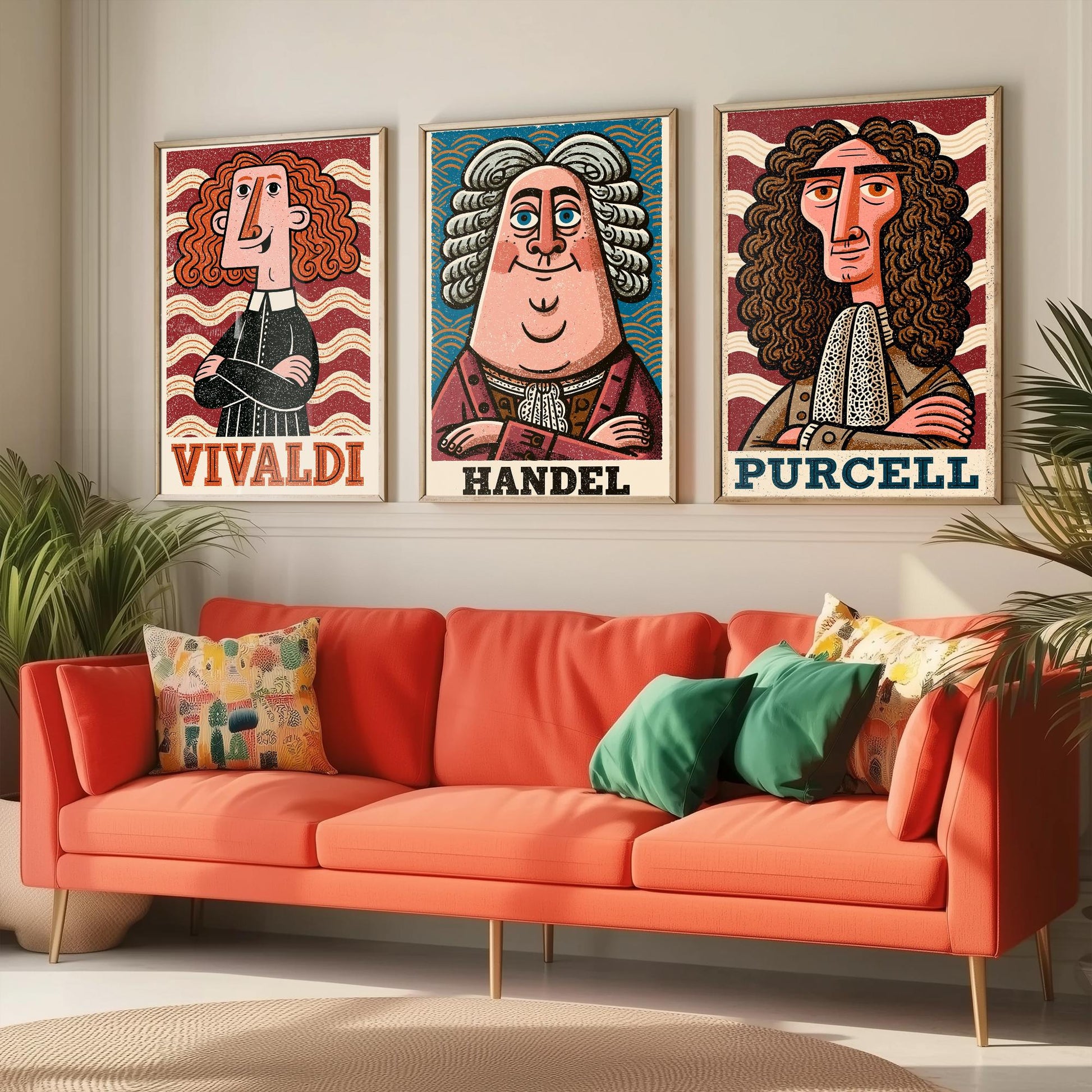 Baroque Composers Set of Three Art Prints - Vivaldi, Handel, Purcell - Classical Music Poster Wall Art Gift Illustration