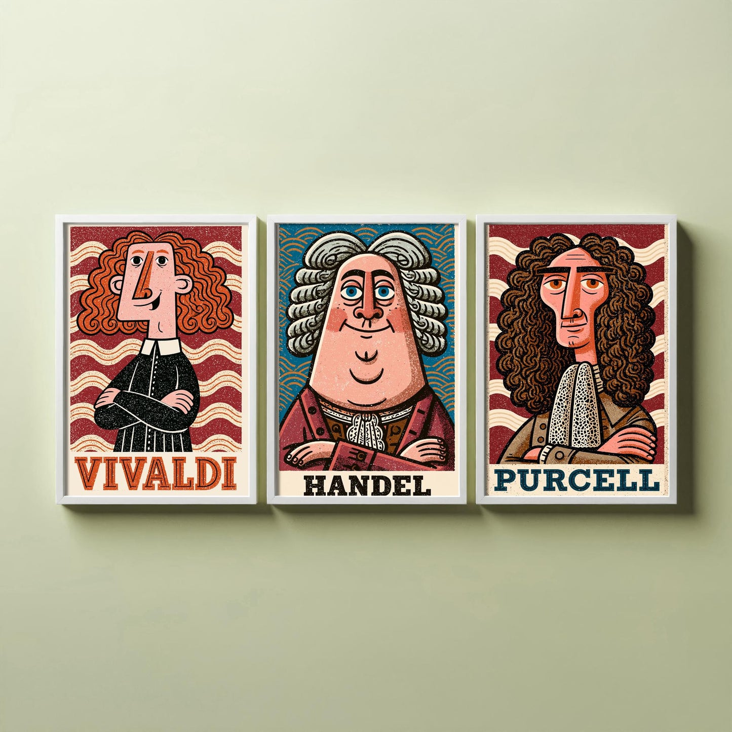 Baroque Composers Set of Three Art Prints - Vivaldi, Handel, Purcell - Classical Music Poster Wall Art Gift Illustration