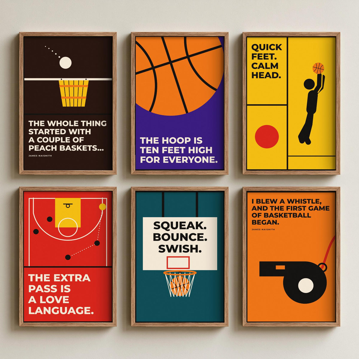 Set of Six Basketball Quote Art Prints - 6 Bauhaus Hoops Posters - Minimalist Sport Illustration - Hoop, Court, Jump Shot