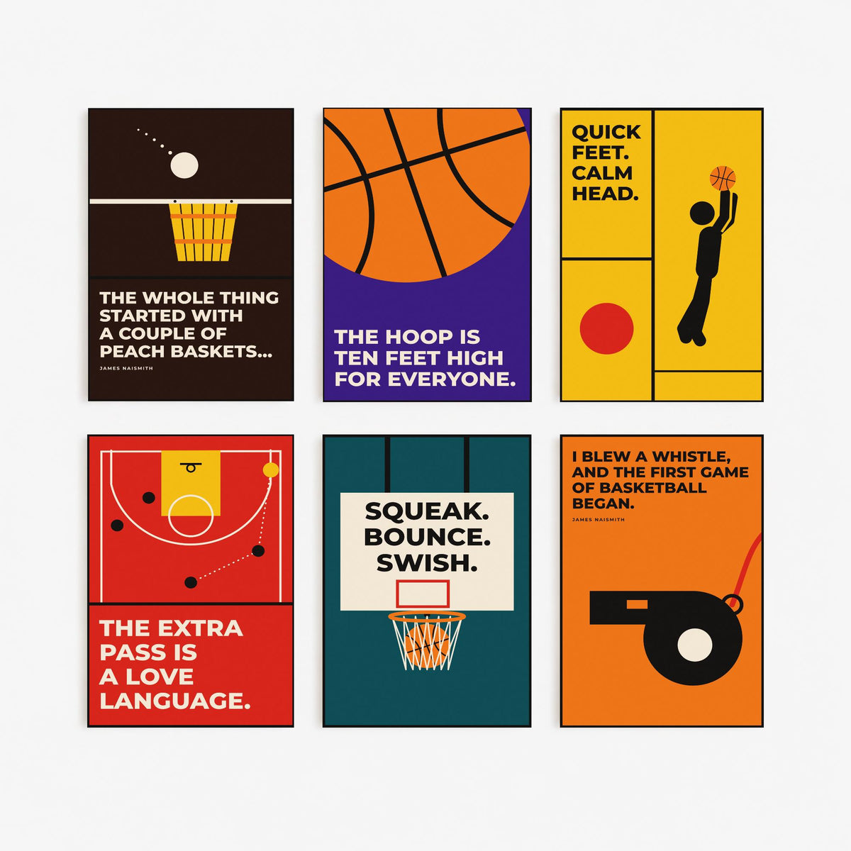 Set of Six Basketball Quote Art Prints - 6 Bauhaus Hoops Posters - Minimalist Sport Illustration - Hoop, Court, Jump Shot