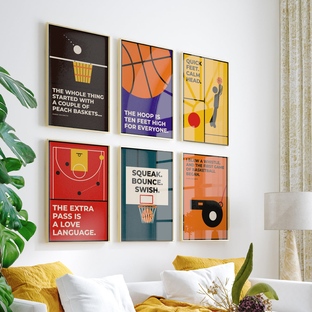 Set of Six Basketball Quote Art Prints - 6 Bauhaus Hoops Posters - Minimalist Sport Illustration - Hoop, Court, Jump Shot