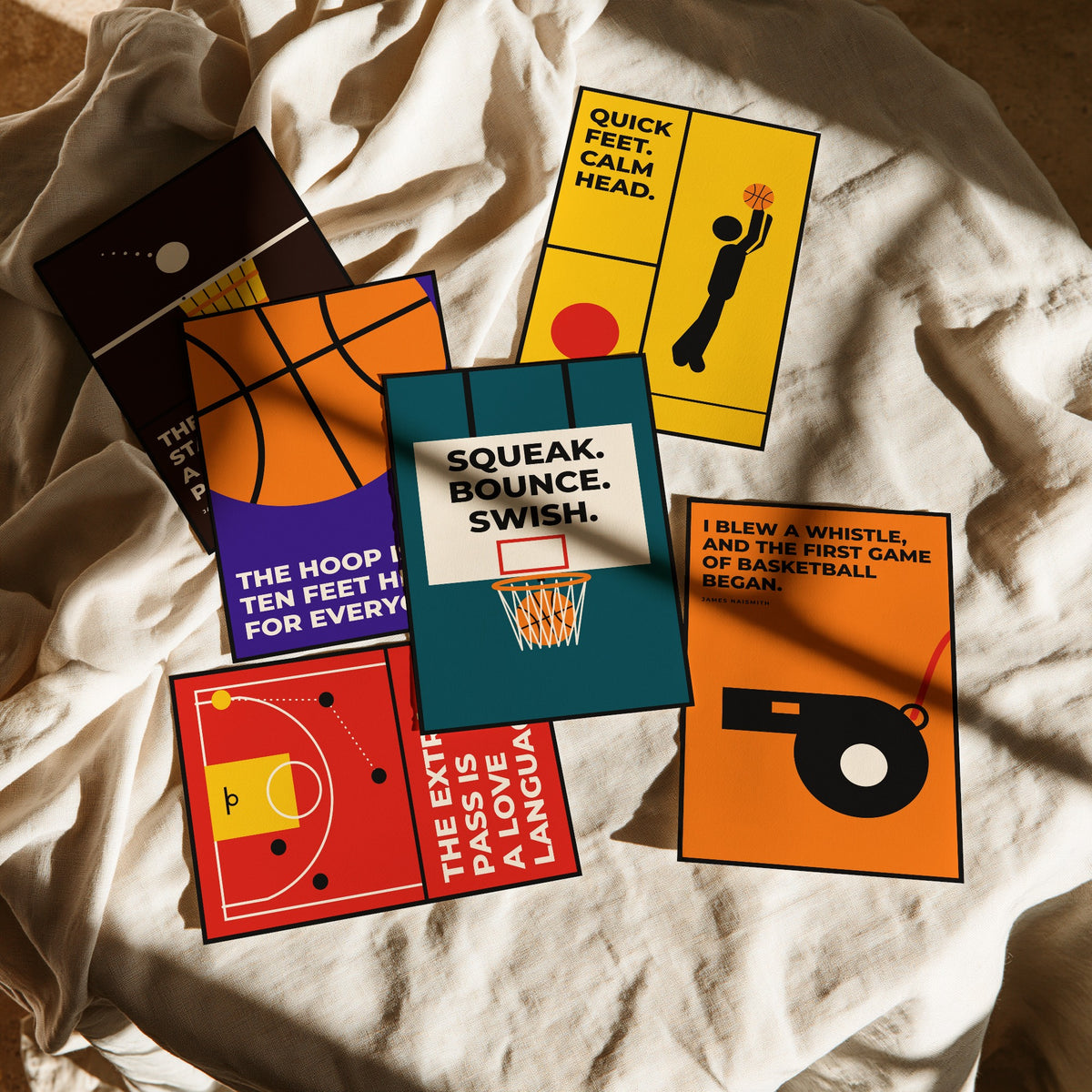 Set of Six Basketball Quote Art Prints - 6 Bauhaus Hoops Posters - Minimalist Sport Illustration - Hoop, Court, Jump Shot