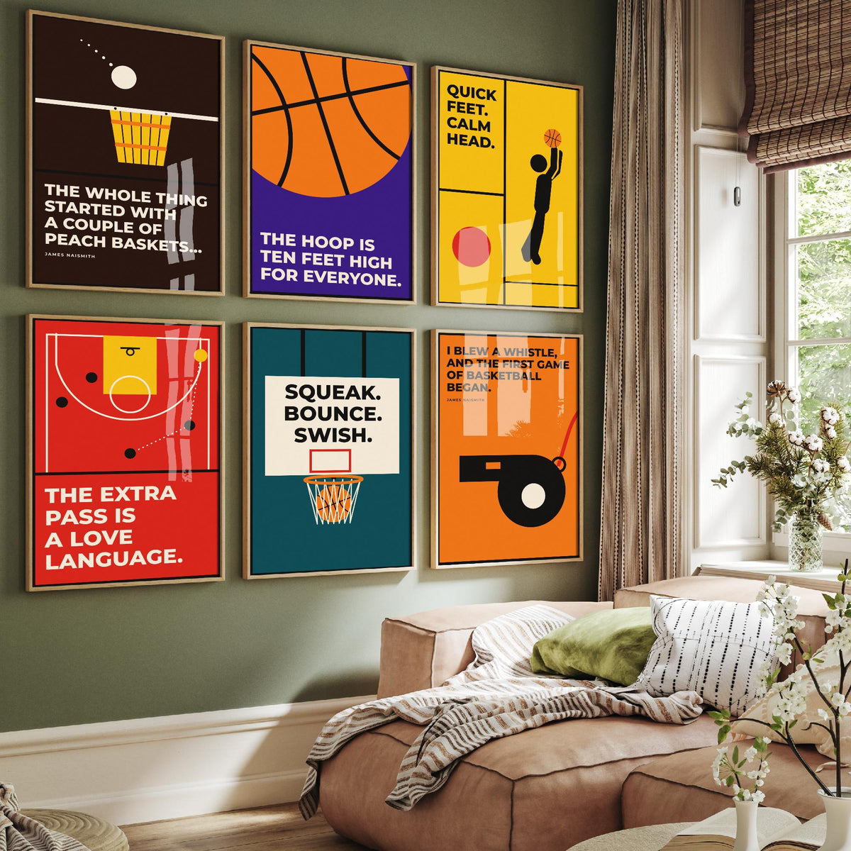 Set of Six Basketball Quote Art Prints - 6 Bauhaus Hoops Posters - Minimalist Sport Illustration - Hoop, Court, Jump Shot