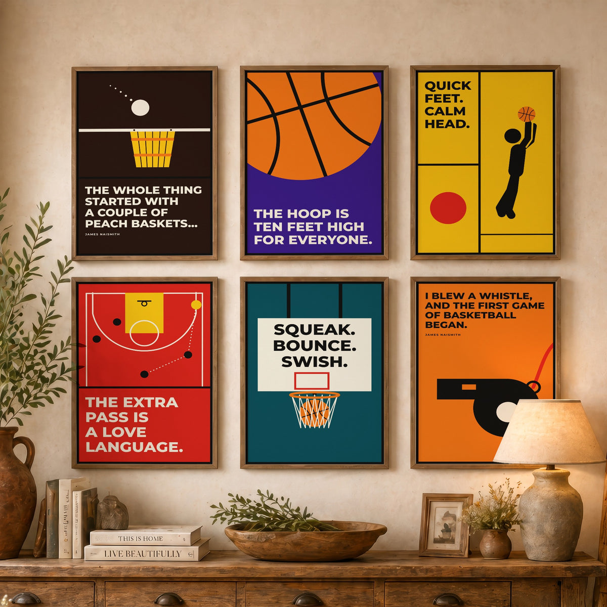 Set of Six Basketball Quote Art Prints - 6 Bauhaus Hoops Posters - Minimalist Sport Illustration - Hoop, Court, Jump Shot