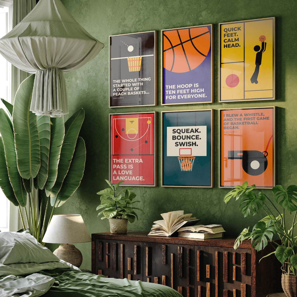 Set of Six Basketball Quote Art Prints - 6 Bauhaus Hoops Posters - Minimalist Sport Illustration - Hoop, Court, Jump Shot