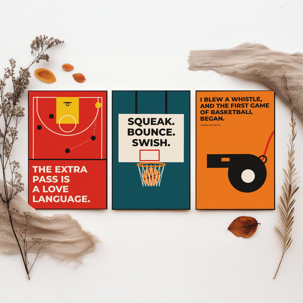 Basketball Quotes Set of Three Art Prints - 3 Retro Bauhaus Hoops Posters - Minimalist Sport Wall Art Illustration V2