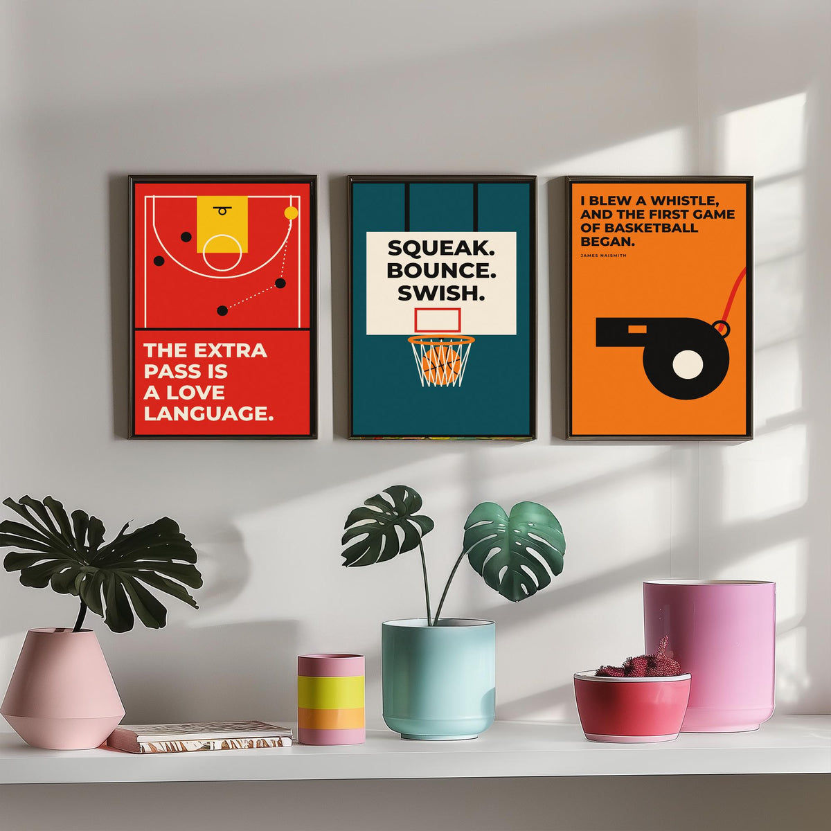 Basketball Quotes Set of Three Art Prints - 3 Retro Bauhaus Hoops Posters - Minimalist Sport Wall Art Illustration V2