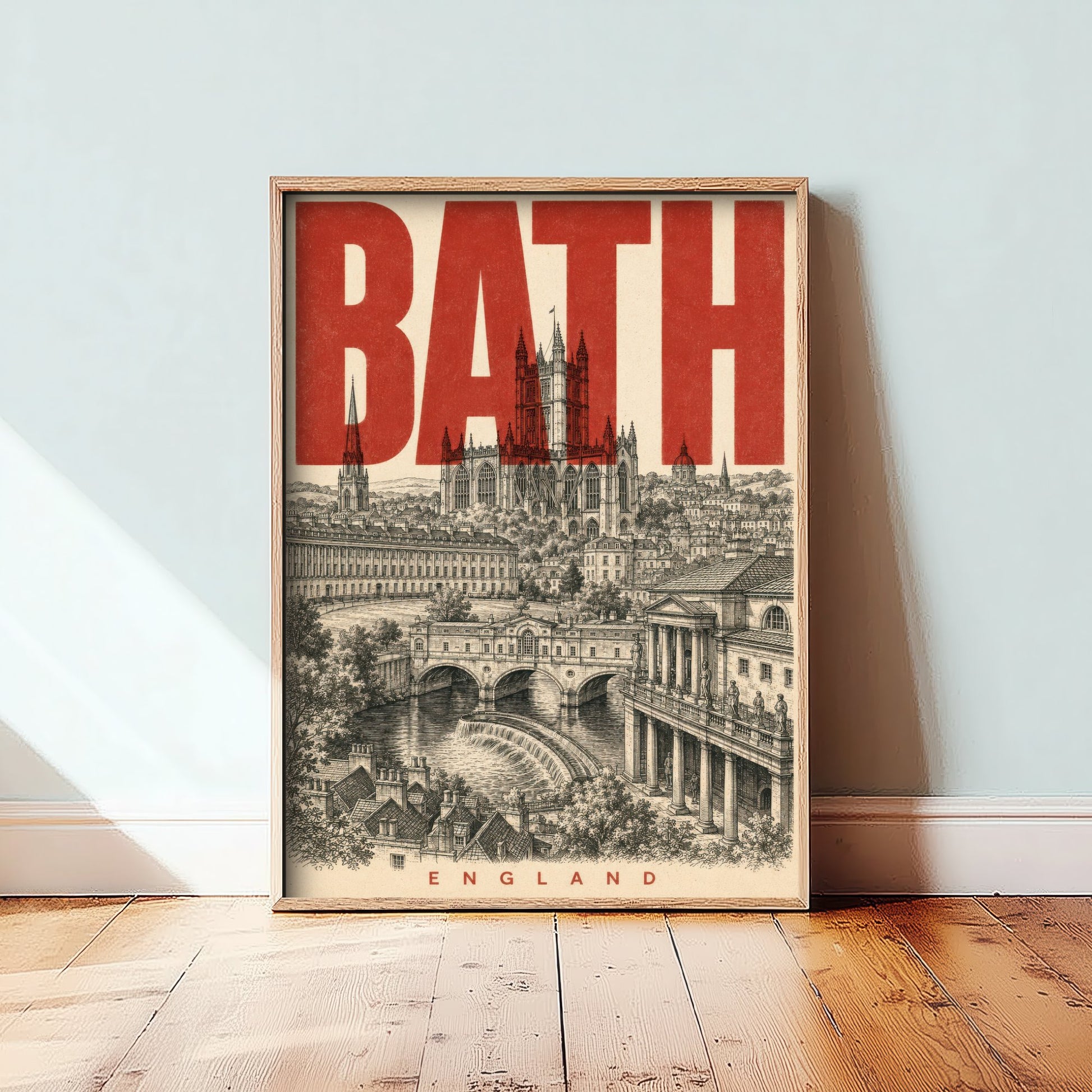 Bath England Travel Poster - Vintage Duotone Art Print - Distressed City Illustration - Bath Abbey Pulteney Bridge 1/3