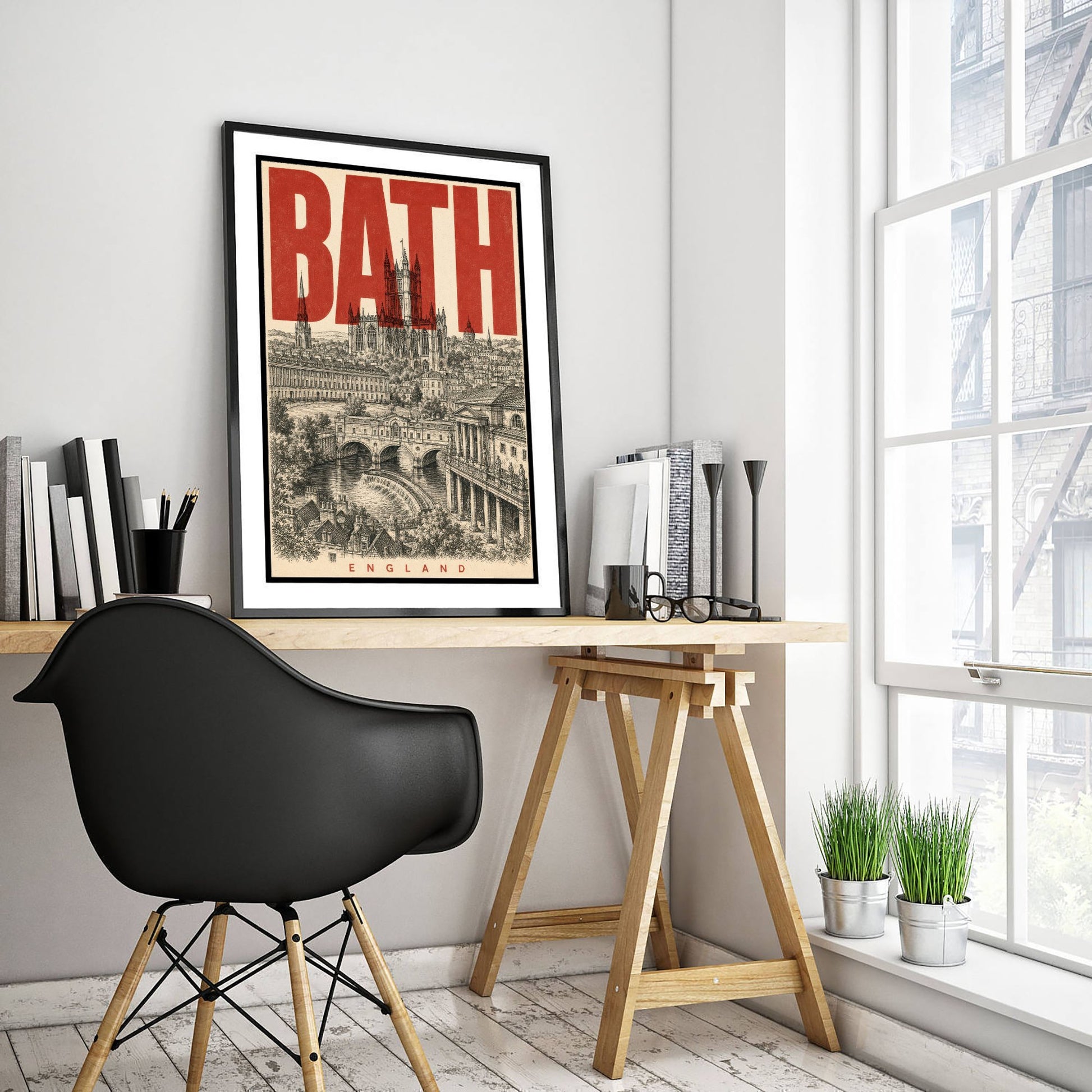 Bath England Travel Poster - Vintage Duotone Art Print - Distressed City Illustration - Bath Abbey Pulteney Bridge 1/3