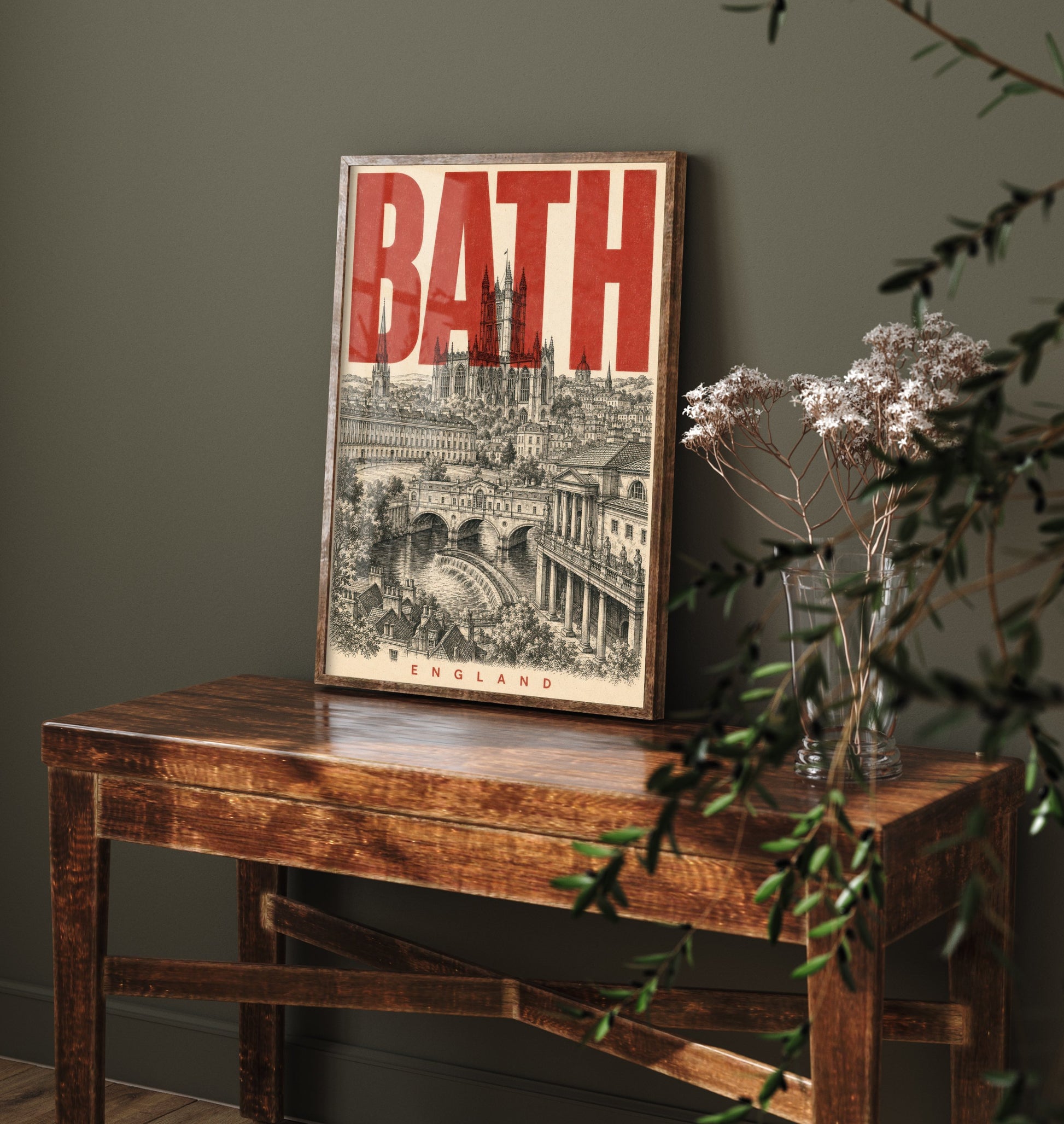 Bath England Travel Poster - Vintage Duotone Art Print - Distressed City Illustration - Bath Abbey Pulteney Bridge 1/3
