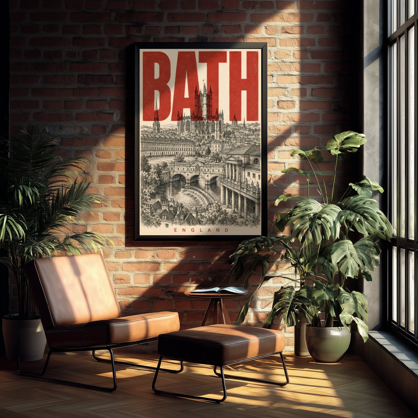 Bath England Travel Poster - Vintage Duotone Art Print - Distressed City Illustration - Bath Abbey Pulteney Bridge 1/3