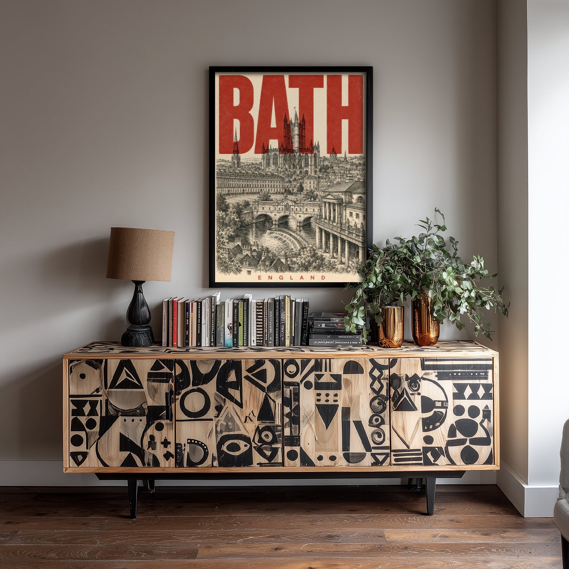 Bath England Travel Poster - Vintage Duotone Art Print - Distressed City Illustration - Bath Abbey Pulteney Bridge 1/3