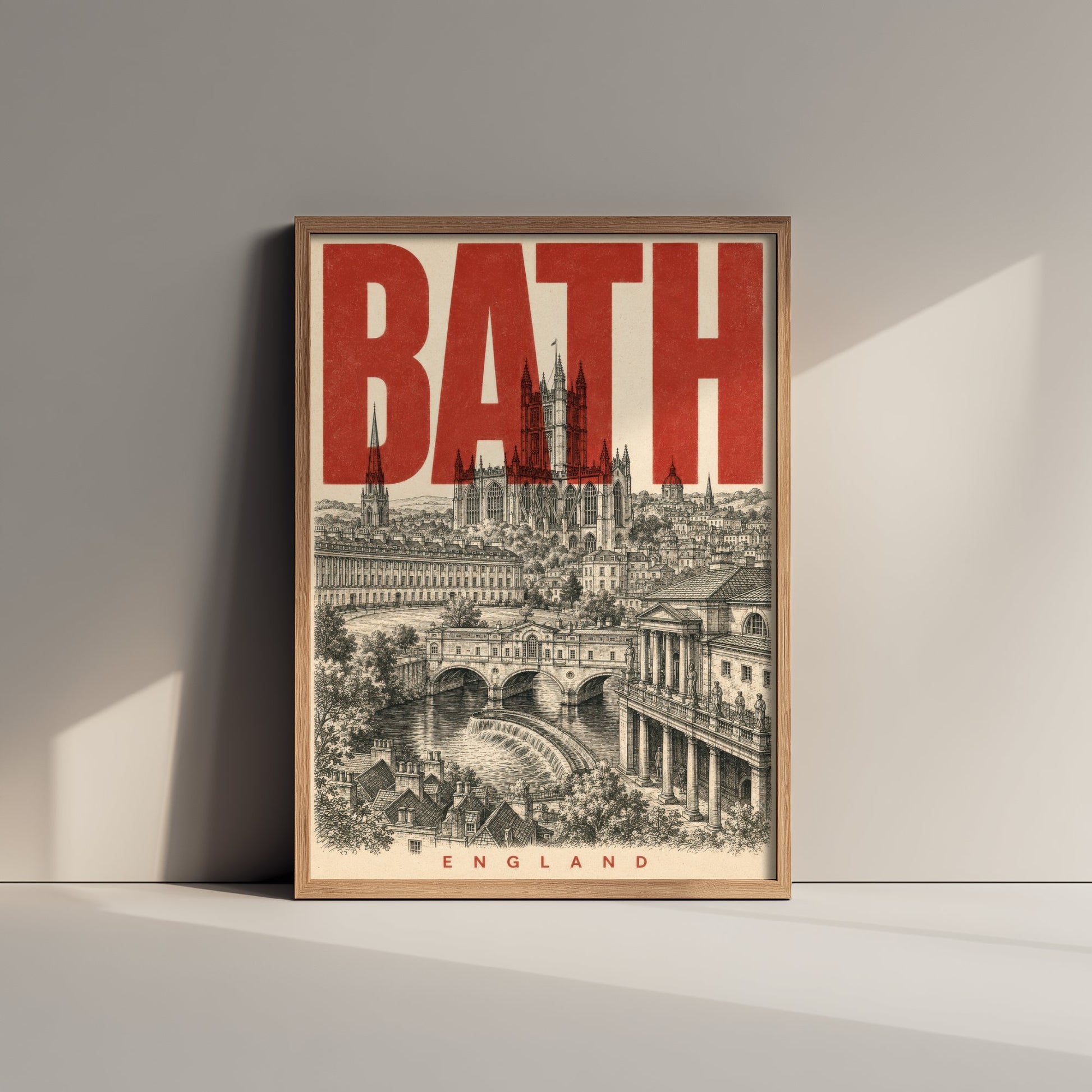 Bath England Travel Poster - Vintage Duotone Art Print - Distressed City Illustration - Bath Abbey Pulteney Bridge 1/3