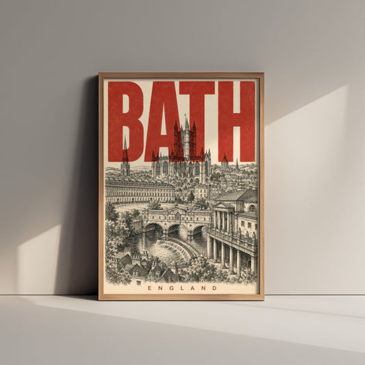 Bath England Travel Poster - Vintage Duotone Art Print - Distressed City Illustration - Bath Abbey Pulteney Bridge 1/3