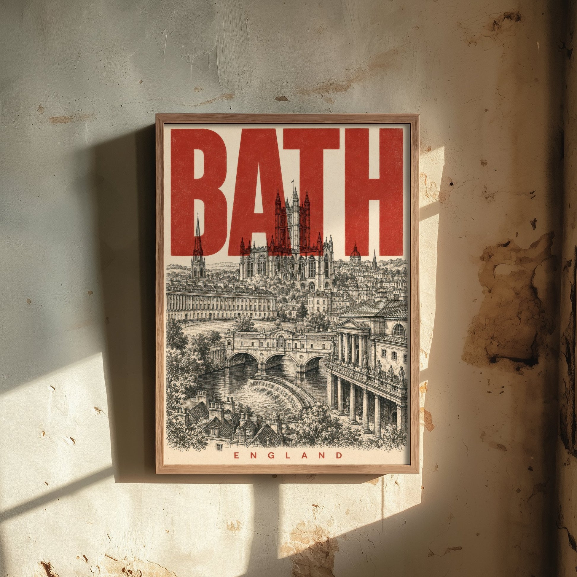 Bath England Travel Poster - Vintage Duotone Art Print - Distressed City Illustration - Bath Abbey Pulteney Bridge 1/3