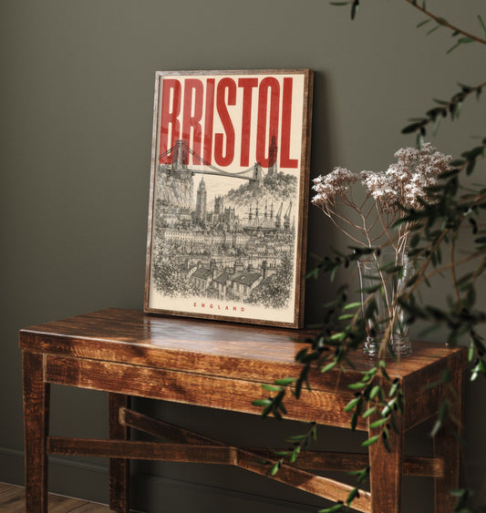 Bristol England Travel Poster - Vintage Duotone Art Print - Distressed City Illustration - Clifton Suspension Bridge 2/3