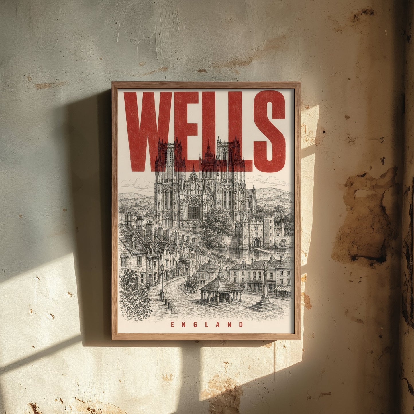 Wells England Travel Poster - Vintage Duotone Art Print - Distressed City Illustration - Wells Cathedral 3/3